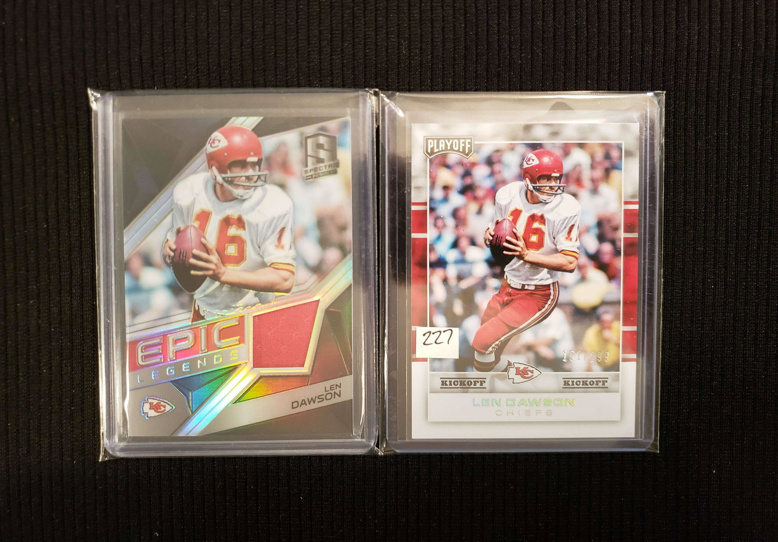 LEN DAWSON KANSAS CITY CHIEFS HOF #'D SHORT PRINTS: LENNY DAWSON 2017 PANINI PLAYOFFS 151/299 & 2018 SPECTRA JERSEY MEMORABILIA CARD 050/199