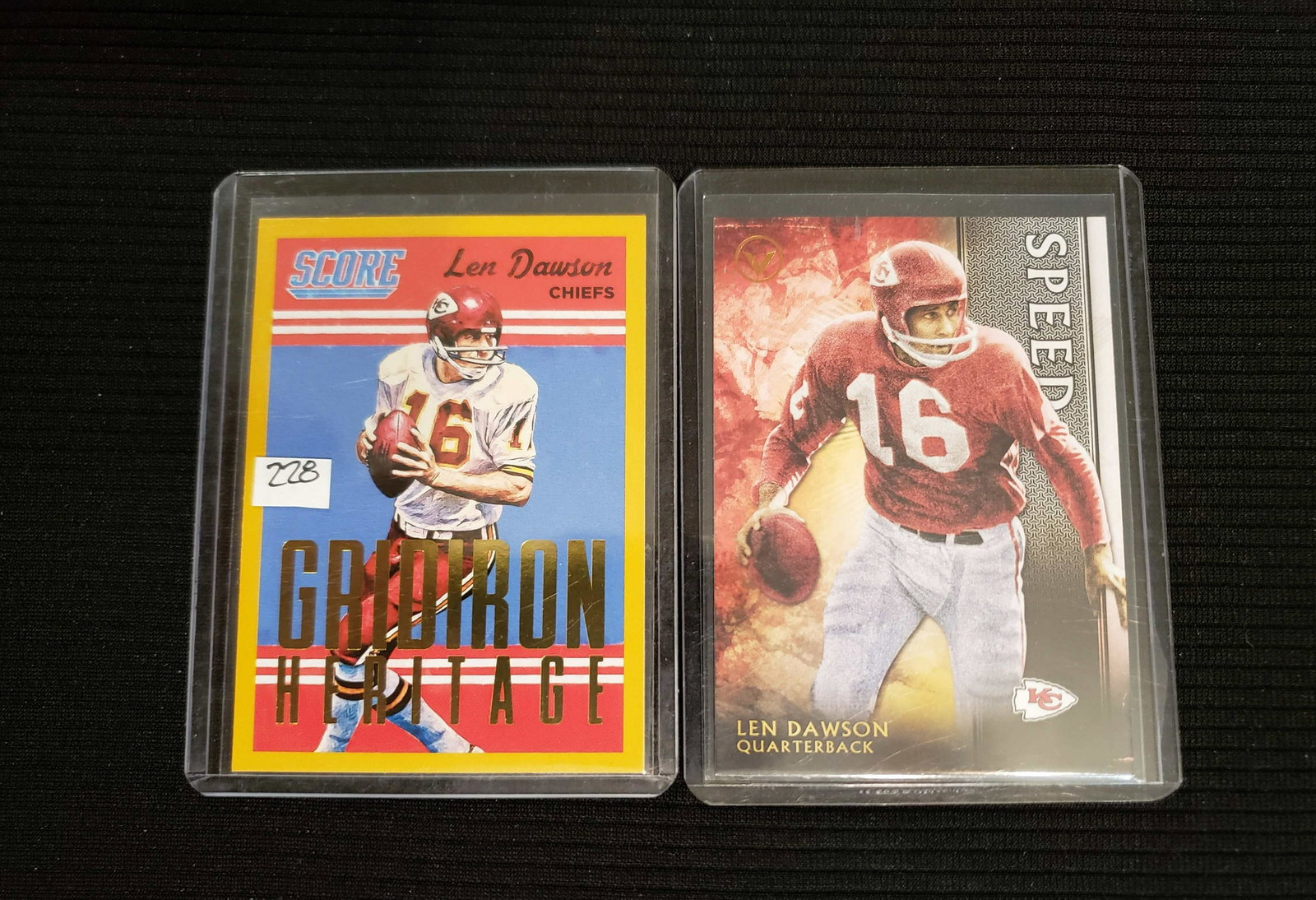 LEN DAWSON KANSAS CITY CHIEFS HOF INSERT CARDS: 2015 GRIDIRON HERITAGE GOLD FOIL & 2015 TOPPS VALOR "SPEED" INSERT CARD