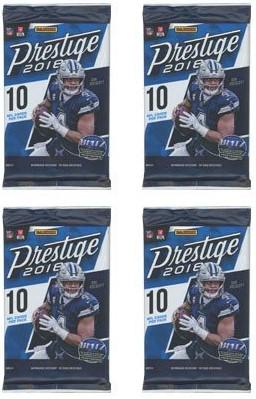 LOT OF 4 2018 PRESTIGE FOOTBALL UNOPENED PACKS: 2018 BUMPER ROOKIE CROP WITH LAMAR JACKSON, DARDOLD, MAYFIELD, CHUBB, JOSH ALLEN AND MORE