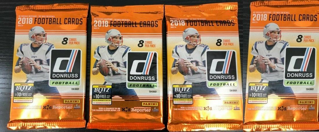 LOT OF 4 2018 PANINI DONRUSS FOOTBALL UNOPENED PACKS: 2018 BUMPER ROOKIE CROP WITH LAMAR JACKSON, SAQUON BARKLEY, DARDOLD, MAYFIELD, CHUBB, JOSH ALLEN AND MORE