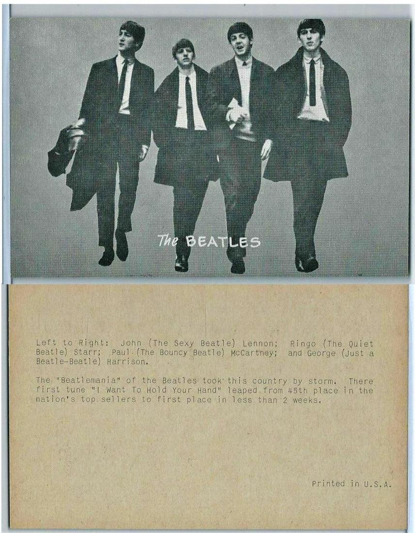 CIRCA 1960'S BEATLES "BIO-BACK" EXHIBIT/ARCADE CARD: THIS ORIGINAL 60'S BIO BACK EXHIBIT CARD IS IN VERY GOOD SHAPE FOR ITS AGE WITH LIGHT WEAR AND FEATURES ALL 4 BAND MATES JOHN LENNON, PAUL McCARTNEY, GEORGE HARRISON, RINGO STARR.