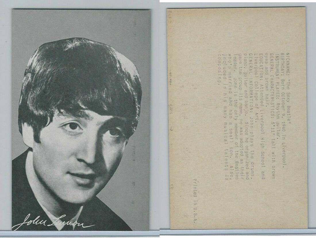 1960'S BEATLES JOHN LENNON "BIO-BACK" EXHIBIT/ARCADE: EXCELLENT CONDITION "THE SEXY BEATLE" JOHN LENNON BIO-BACK ARCADE MUSEUM CARD POST CARD SIZED 1960'S BEATLES SOUVENIER