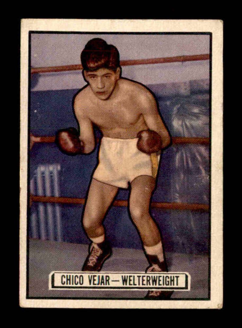 VINTAGE 1951 Ringside BOXING CARD CHICO VEJAR EX++: 1951 CHIC VEJAR, BEAUTIFUL ART WORK AND AMAZING CONDITION PICTURES SPEAK FOR THEM SELVES ON THESE 1951 RINGSIDE BOXING CARDS. SUPRISED THESE MADE IT TO THE AUCTION FLOOR WONT FIND ANY NICER