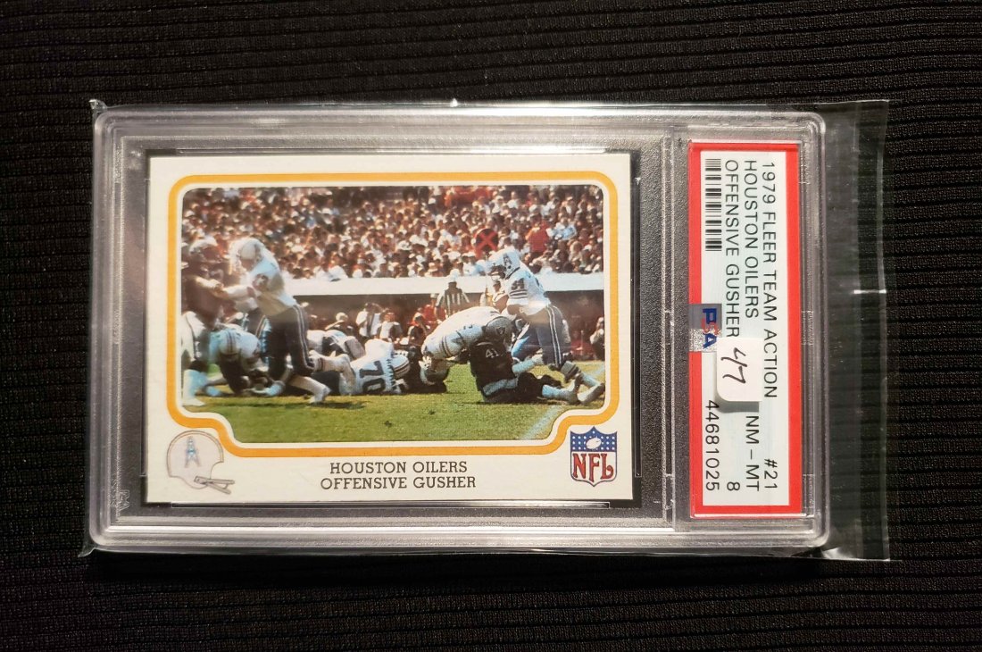 PSA GRADED HOUSTON OILERS TEAM STICKER 1979: PSA 8 EARL CAMPBELL ROOKIE STICKER 1979 FLEER TEAM ACTION