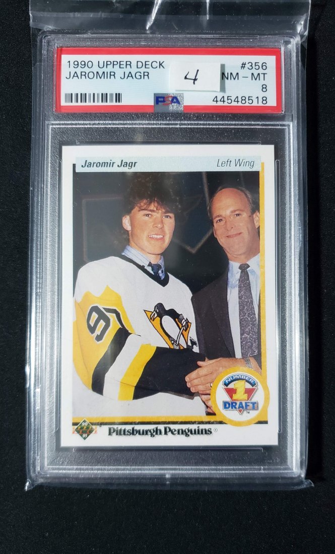 PSA GRADED JAROMIR JAGR PITTSBURGH PENGUINS ROOKIE CARD: 1990 UPPER DECK JAROMIR JAGR ROOKIE CARD PSA 8 NM-MT