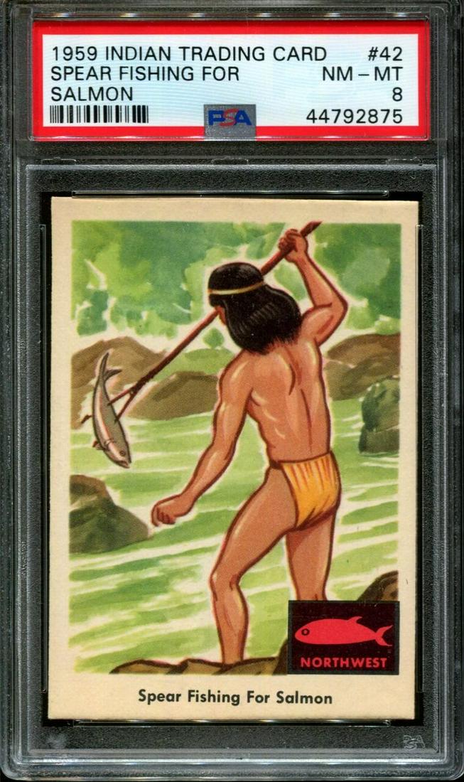 1959 INDIAN TRADING CARD #42 SPEAR FISHING FOR PSA 8: 1959 INDIAN TRADING CARD #42 SPEAR FISHING FOR PSA 8