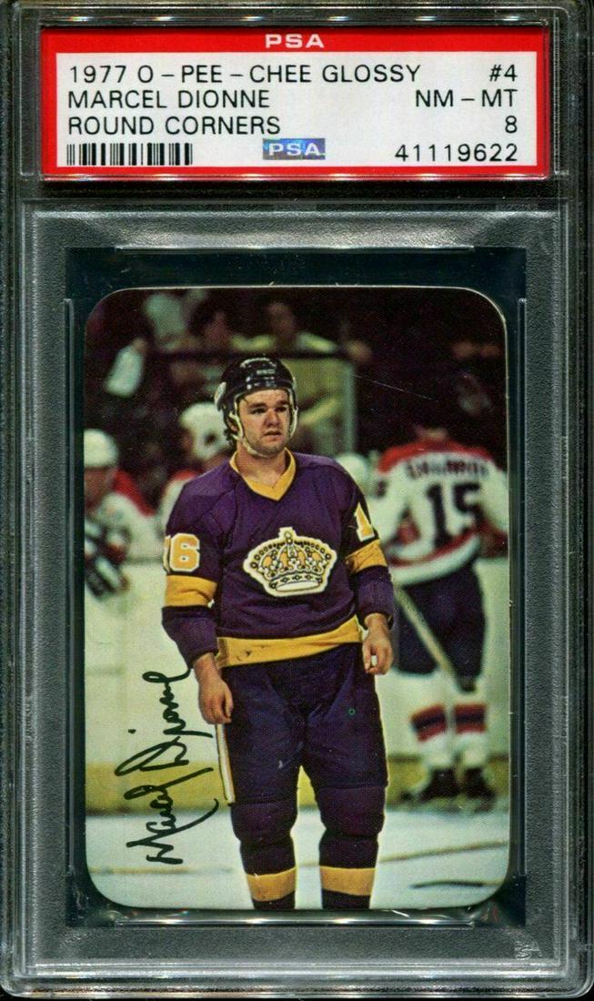 1977 O-PEE-CHEE GLOSSY ROUND CORNER #4 MARCEL DIONNE: 1977 O-PEE-CHEE GLOSSY ROUND CORNER #4 MARCEL DIONNE HOF POP3 PSA 8