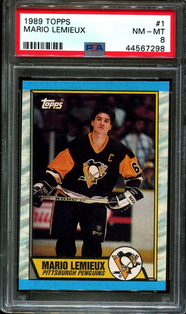 1989 TOPPS #1 MARIO LEMIEUX PENGUINS HOF PSA 8: 1989 TOPPS #1 MARIO LEMIEUX PENGUINS HOF PSA 8