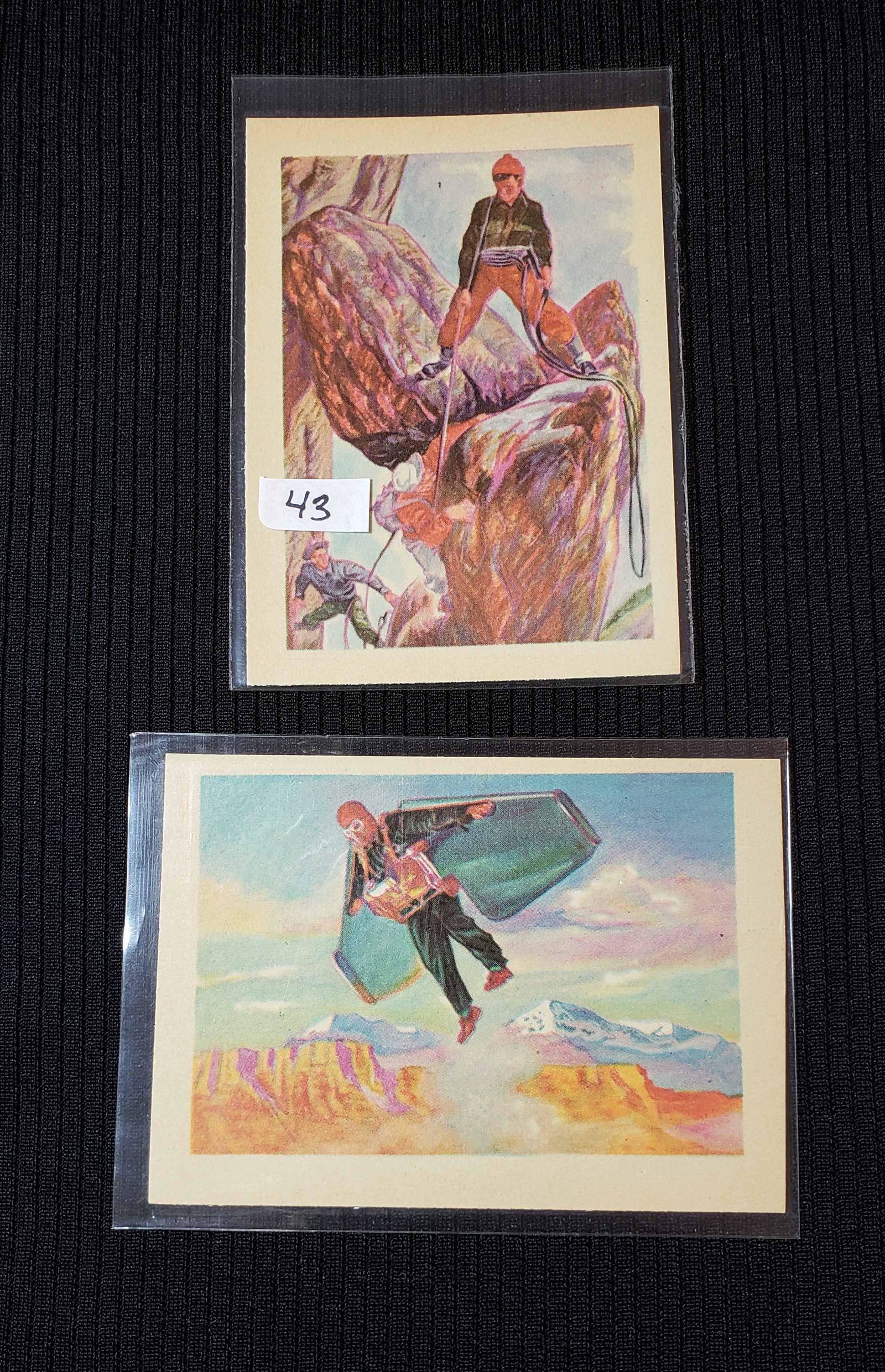 1956 ADVENTURE CARDS HIGH GRADE NRMT+: LOT OF 2 SHARP 1956 ADVENTURE TRADING CARDS MOUNTAIN CLIMBING AND ONE DAY MAN WILL FLY