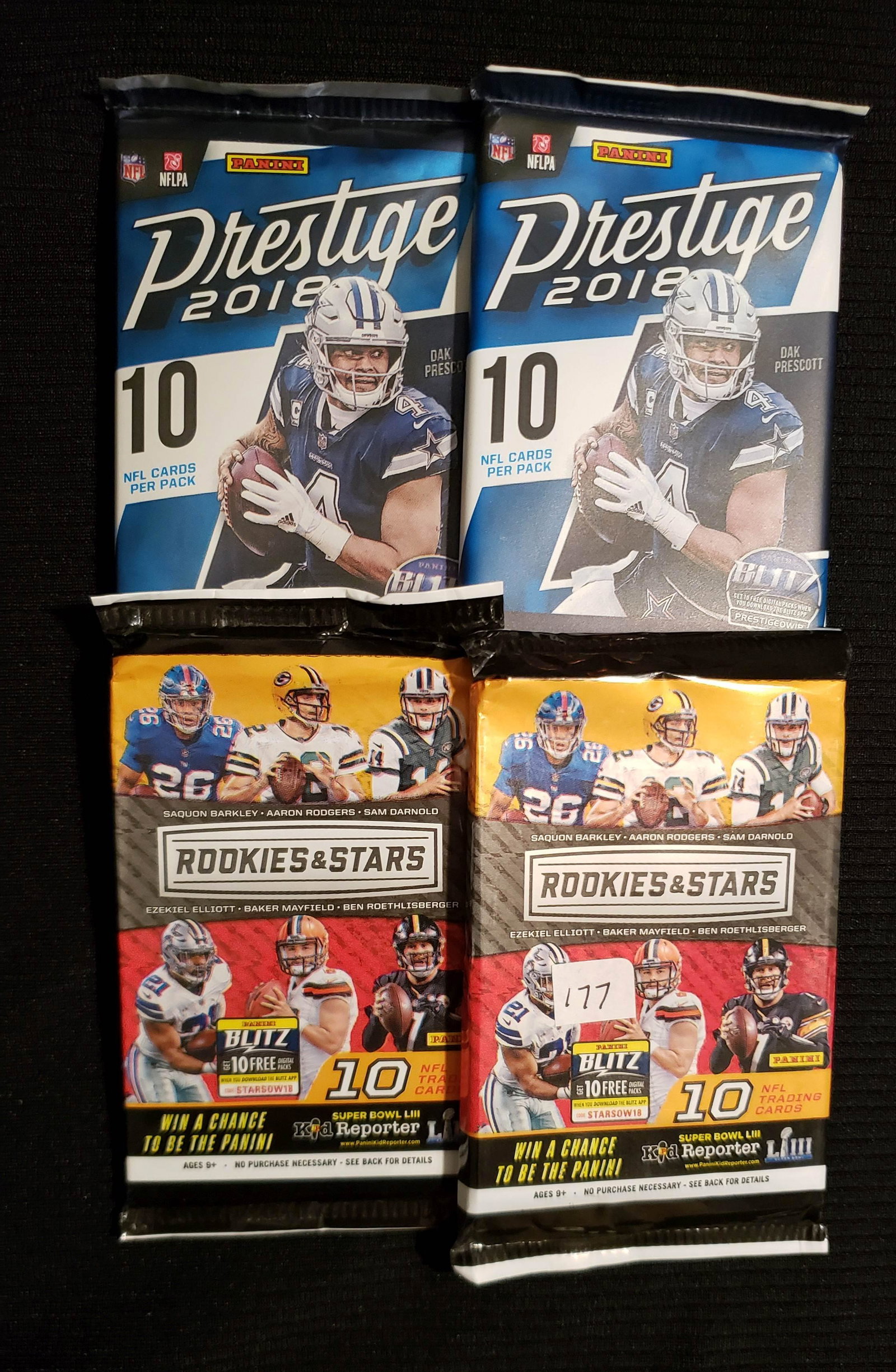 LOT OF 4 PANINI 2018 FOOTBALL CARD FOIL PACKS: 2-2018 PANINI ROOKIE AND STARS 2-2018 PANINI PRESTIGE FOOTBALL GREAT ROOKIE CLASS LAMAR JACKSON, MAYFIELD, DONALD, BARKLEY, CHUBB, ALLEN AND MORE