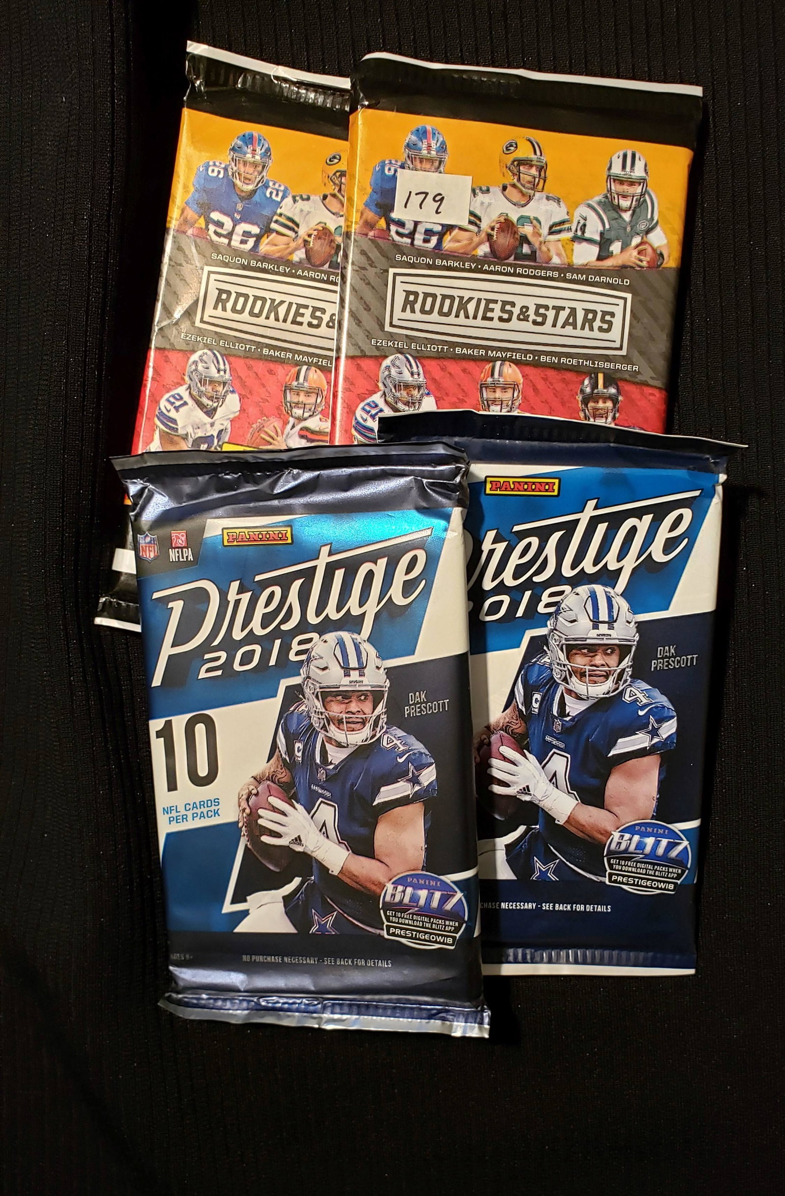 LOT OF 4 PANINI 2018 FOOTBALL CARD FOIL PACKS: 2-2018 PANINI ROOKIE AND STARS 2-2018 PANINI PRESTIGE FOOTBALL GREAT ROOKIE CLASS LAMAR JACKSON, MAYFIELD, DONALD, BARKLEY, CHUBB, ALLEN AND MORE