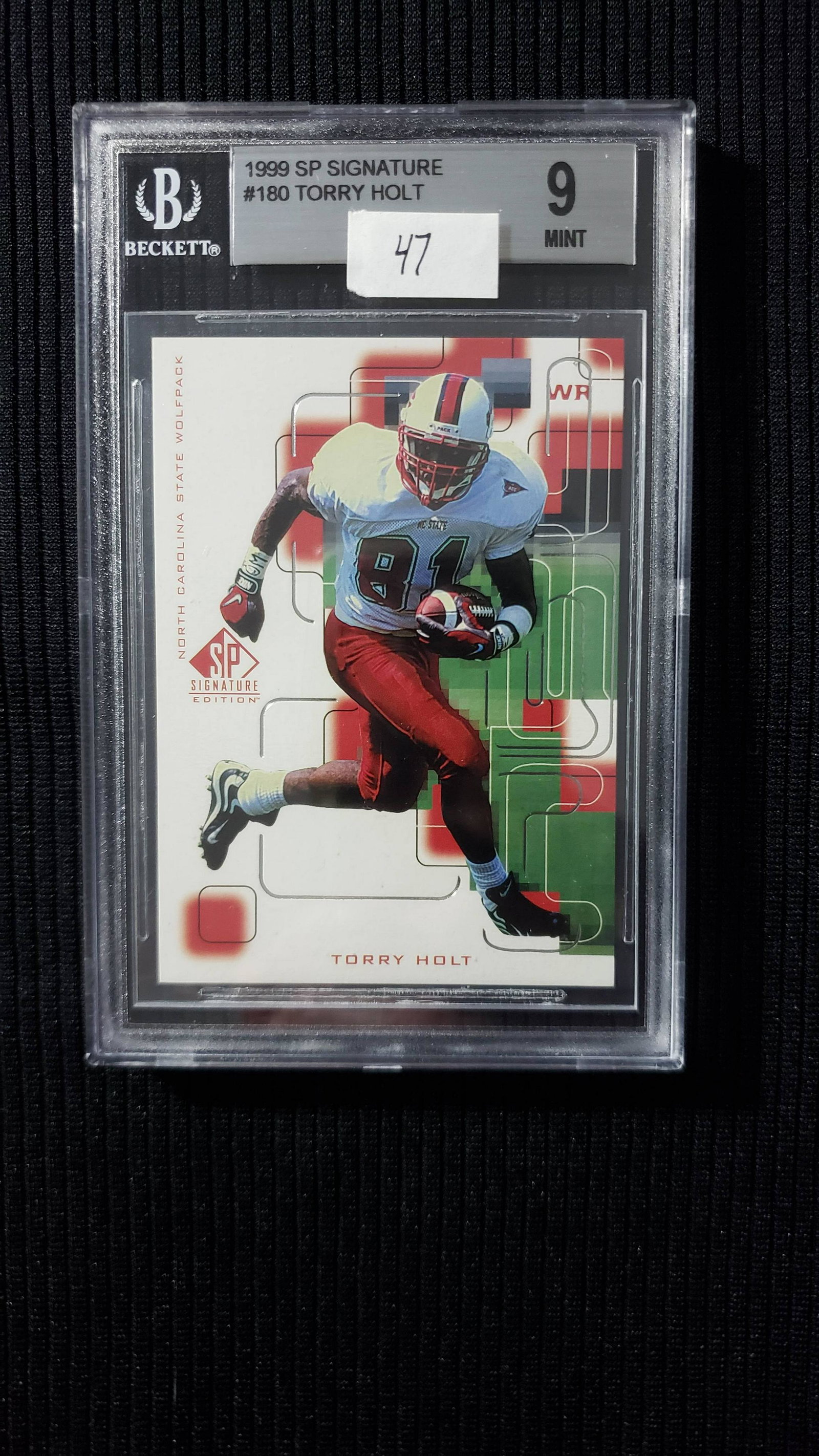 TORRY HOLT ST. LOUIS RAMS FASTEST SHOW ON TURF ROOKIE: BECKET GRADED 9 MINT 1999 SP SIGNATURE TORRY HOLT ROOKIE CARD
