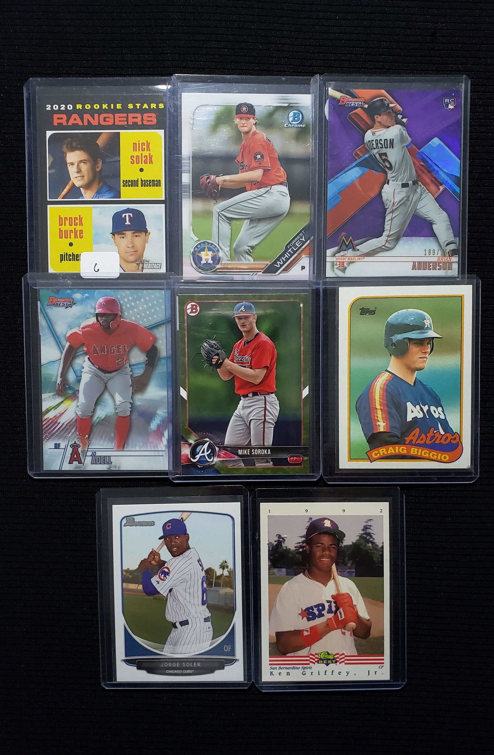 LOT OF 8 TOP BASEBALL ROOKIES AND PROSPECTS: KEN GRIFFEY JR., CRAIG BIGGIO, NICK SOLAK, BRIAN ANDERSON 189/250, JO ADELL, JORGE SOLER,