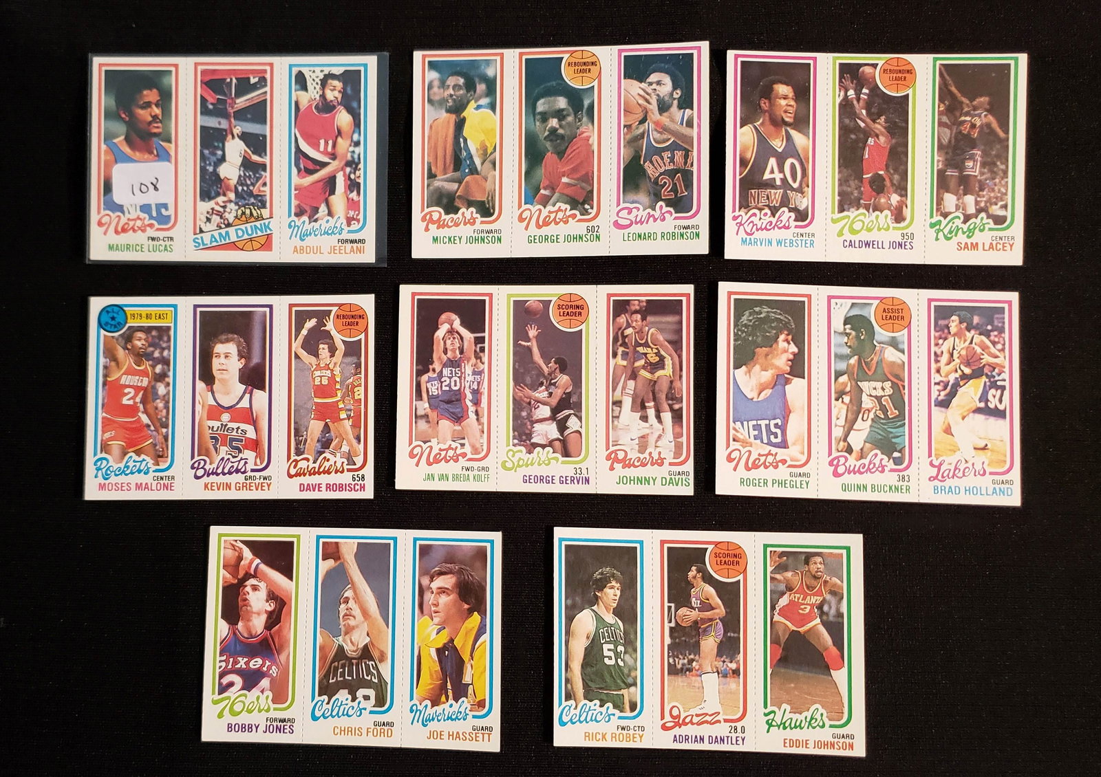 1980-81 TOPPS BASKETBALL MINT PERFERATED PANELS: LOT OF 8 MINT PANELS WITH DR. J JULIUS IRVING SLAM DUNK CARD, GEORGE ICE MAN GERVIN, MOSES MALONE ALL-STAR, BOBBY JONES