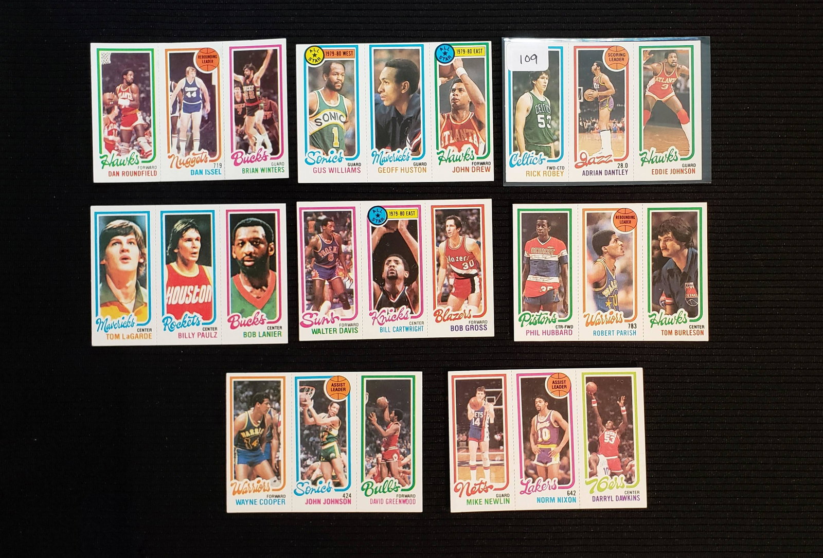 1980-81 TOPPS BASKETBALL MINT PERFERATED PANELS: LOT OF 8 MINT PANELS WITH RICK ROBEY CELTICS, DAN ISELL, DARYYL DAWKINS