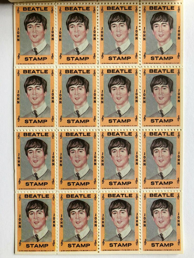 1964 JOHN LENNON BEATLES HALLMARK STAMPS FULL SHEET: NEAR MINT FULL SHEET OF 25 ORIGINAL STAMPS 1964 HALLMARK STORES BEATLES/JOHN LENNON STAMPS FULL UNCUT SHEET OF 25. ORIGINAL BOX FOR REFERENCE ONLY WINNER RECIEVES 1 UNCUT 1964 JOHN LENNON STAMP SHEET
