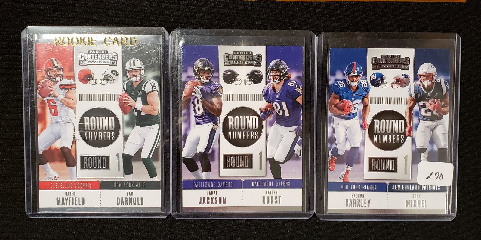 2018 PANINI CONTENDERS ROOKIE INSERTS: SAQUON BARKLEY, SONY MICHEL, LAMAR JACKSON, SAM DARNOLD, BAKER MAYFIELD ROOKIE INSERTS