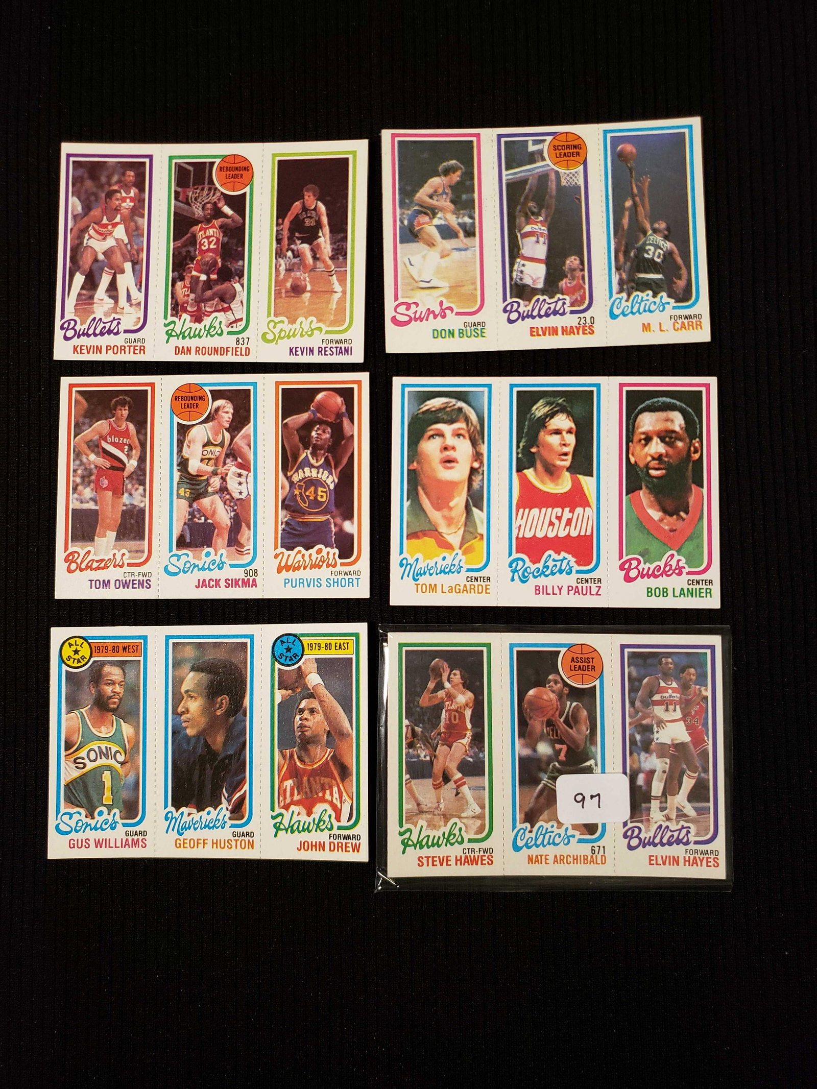 VINTAGE 1980-81 TOPPS BASKETBALL PANELS: LOT OF 5 MINT CARDS NATE "TINY ARCHIBALD, ELVIN HAYES HOFER, BOB LANIER HOFER, JOHN DREW ML CARR