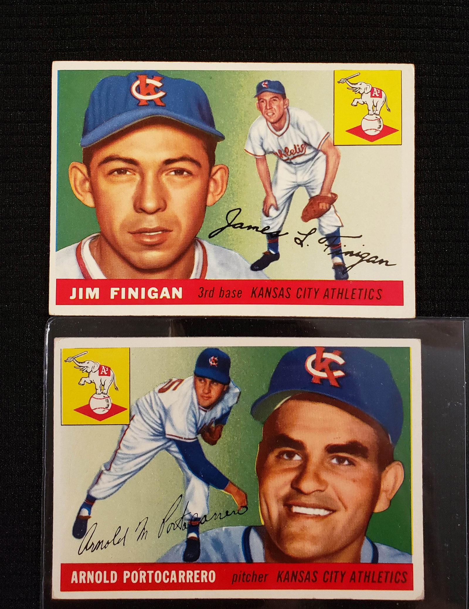 VINTAGE 1955 TOPPS BASEBALL CARD: KC ATHLETICS JIM FINIGIN AND ARNOLD PORTOCARRERO