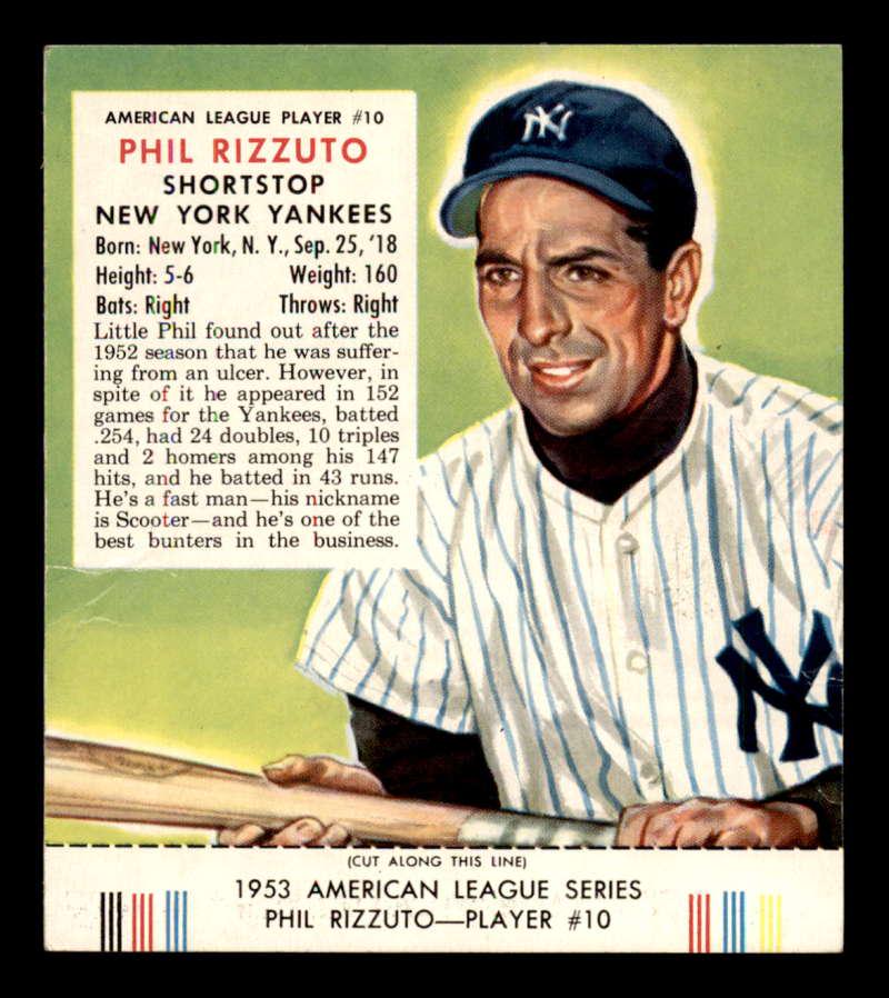 1953 RED MAN A.L. WITH TAB PHIL RIZZUTO YANKEES EX+: BEAUTIFUL CARD HALL OF FAMER PHIL RIZZUTO 1953 RED MAN BASEBALL CARD IN EXCELENT CONDITION WITH PERFORATED TEAR AWY TAB INTACT