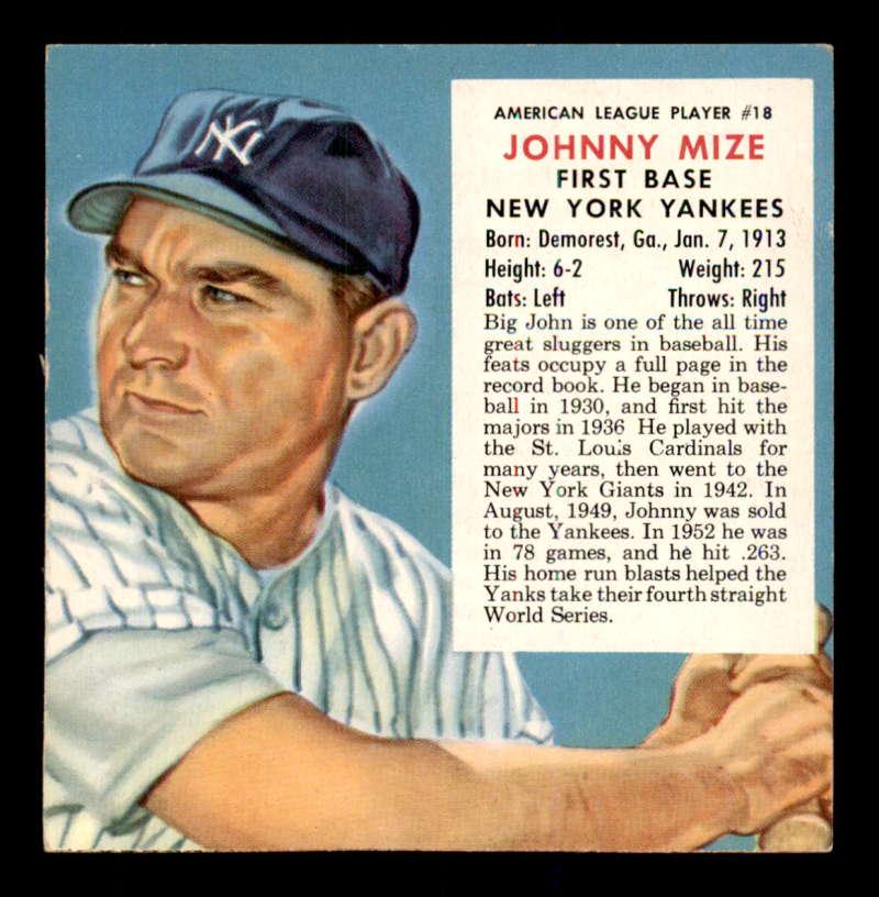 1954 RED MAN A.L. WITH TAB JOHNNY MIZE YANKEES EX+: BEAUTIFUL CARD HALL OF FAMER JOHNNY MIZE 1953 RED MAN BASEBALL CARD IN EXCELENT CONDITION WITH PERFORATED TEAR AWY TAB INTACT