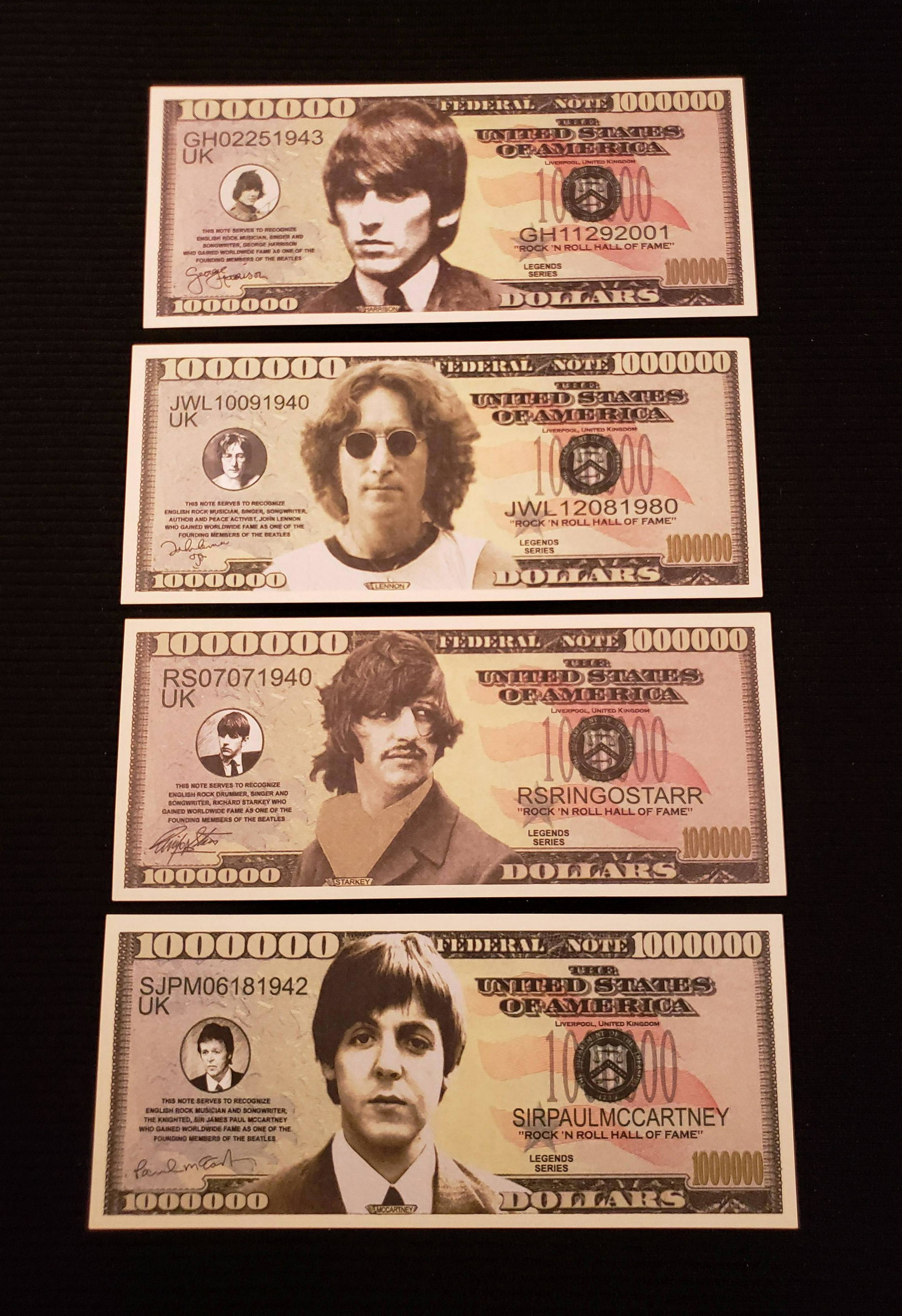 THE BEATLES MILLION DOLLAR FANTASY NOTES: THE FAB 4 JOHN PAUL GEORGE AND RINGO MILLION DOLLAR COLLECTORS BILLS/NOTES