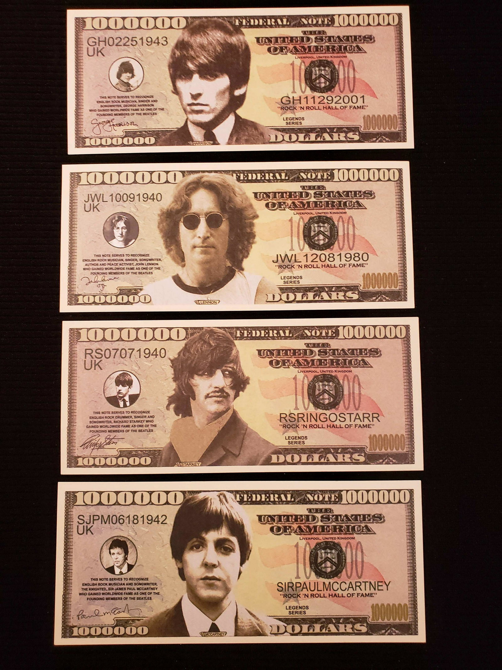 THE BEATLES MILLION DOLLAR FANTASY NOTES: THE FAB 4 JOHN PAUL GEORGE AND RINGO MILLION DOLLAR COLLECTORS BILLS/NOTES