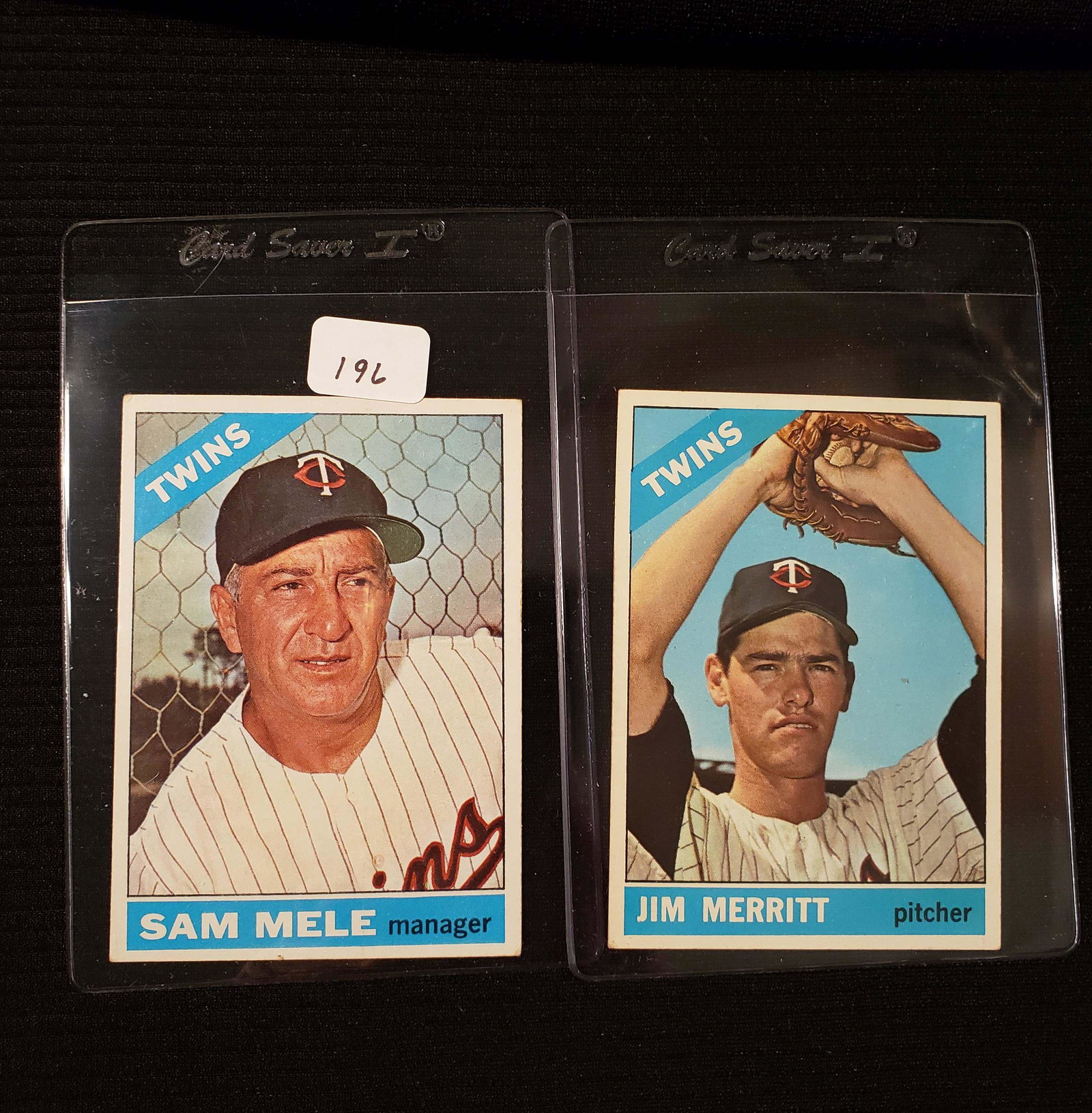 LOT OF 2 1966 TOPPS BASEBALL CARDS: MINNESOTA TWINS MANAGER SAM MELE AND PITCHER JIM MERRITT