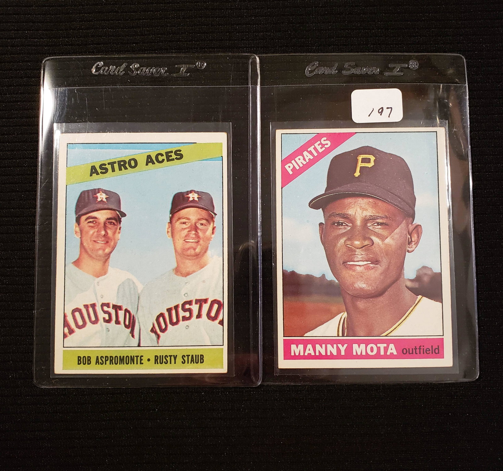LOT OF 2 1966 TOPPS BASEBALL CARDS: "ASTRO ACES" BOB ASPROMONTE AND RUSTY STAUB, MANNY MOTA PIRATES