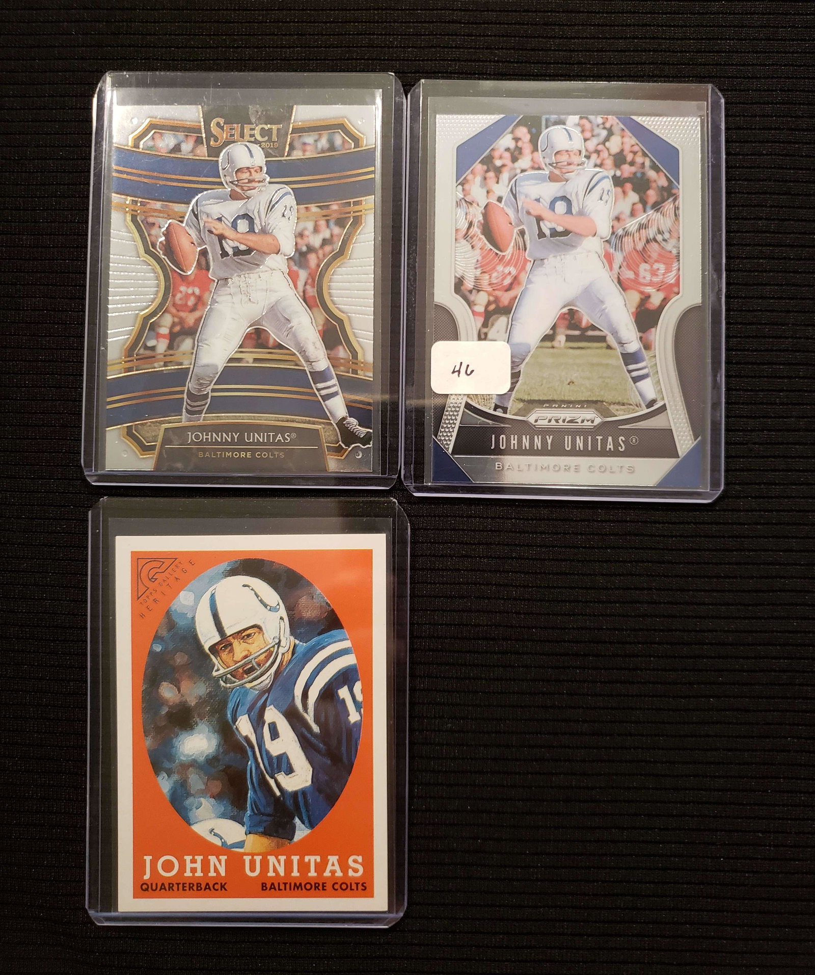 JOHNNY UNITAS BALT. COLTS LEGEND CARDS: 2019 PANINI-PRIZM, SELECT PRIZM, 2001 TOPPS GALLERY