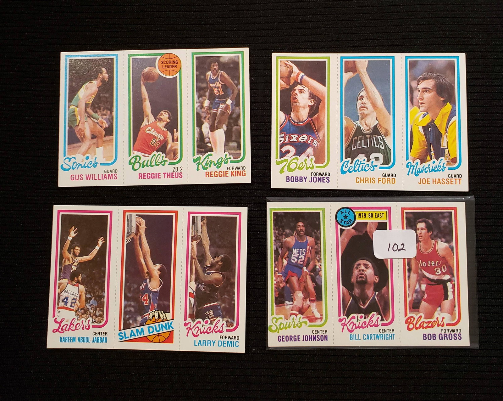 VINTAGE 1980-81 TOPPS ABDUL JABBAR PERFERATED PANELS: KAREEM ABDUL JABBAR, REGGIE KING BOBBY JONES