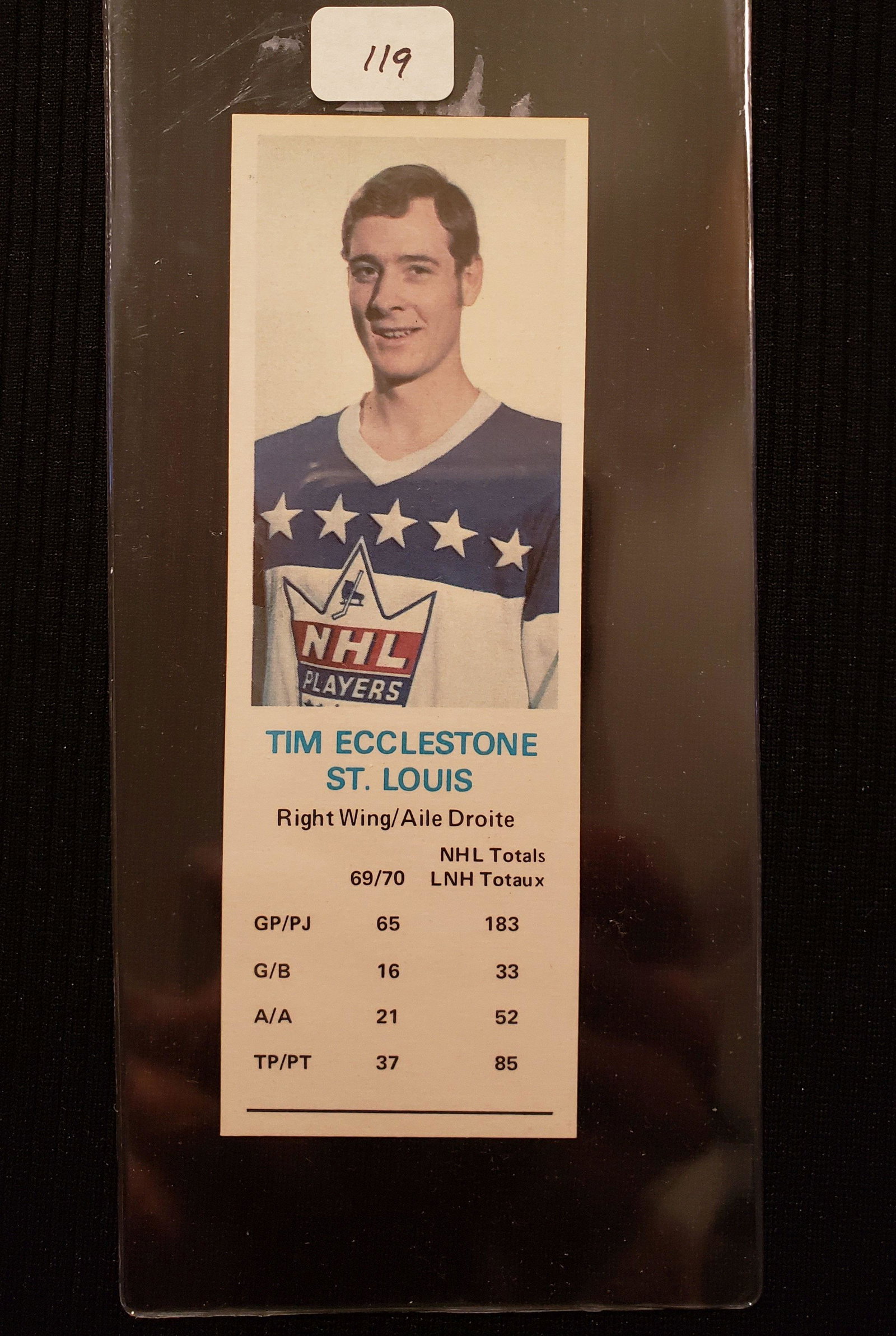 1969 DADS COOKIES HOCKEY INSERT CARD: TIM ECCLESTONE ST. LOUIS BLUES JUST 1 OF 144 DIFFERENT UNNUMBERED TRADING CARDS AVAILABLE IN SPECIALLY MARKED PACKAGES OF DAD'S COOKIES AND IN "HAT-TRICK", A MILK CHOCOLATE COOKIE BAR