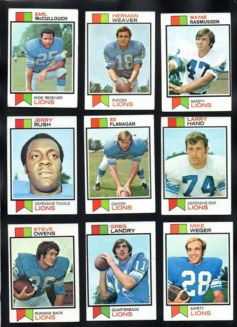1973 TOPPS FOOTBALL DETROIT LIONS LOT: LIONS LOT 1973 TOPPS WEAVER, WEGER, HAND, MCCULLOUGH, GREG LANDRY, STEVE OWENS, RUSH EX