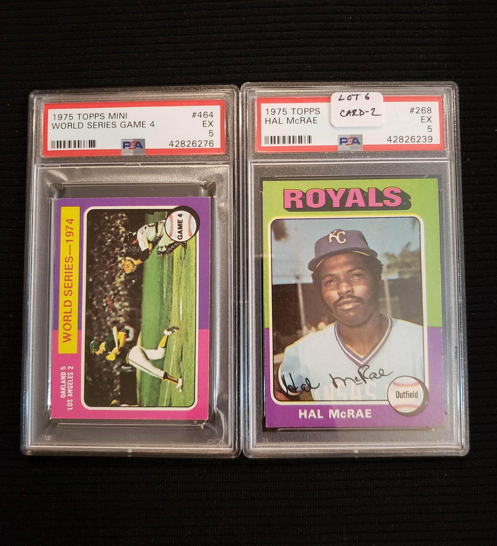 LOT OF 2 PSA GRADED 1975 TOPPS BASEBALL CARDS: PSA GRADED 1975 TOPPS MINI WORLD SERIES GAME AND PSA GRADED HAL McRAE KC ROYALS
