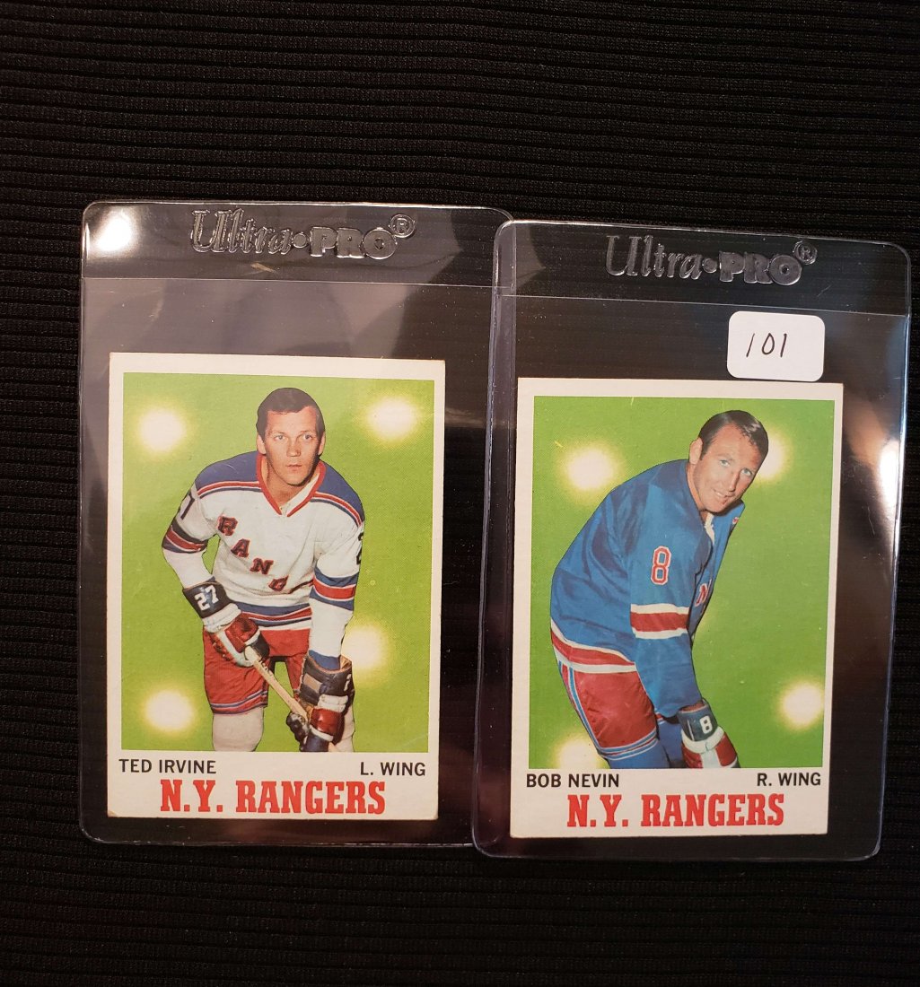 VINTAGE 1970-70 TOPPS HOCKEY CARDS: LOT OF 2 BETTER GRADE NY RANGERS CARDS BOB NEVIN AND TED IRVINE