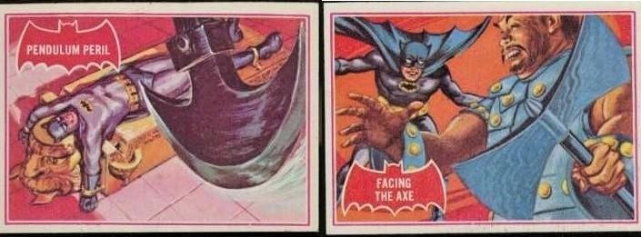 LOT OF 3 1966 BATMAN "RED BAT" SERIES CARDS: PENDULUM PERIL, FACE THE AXE