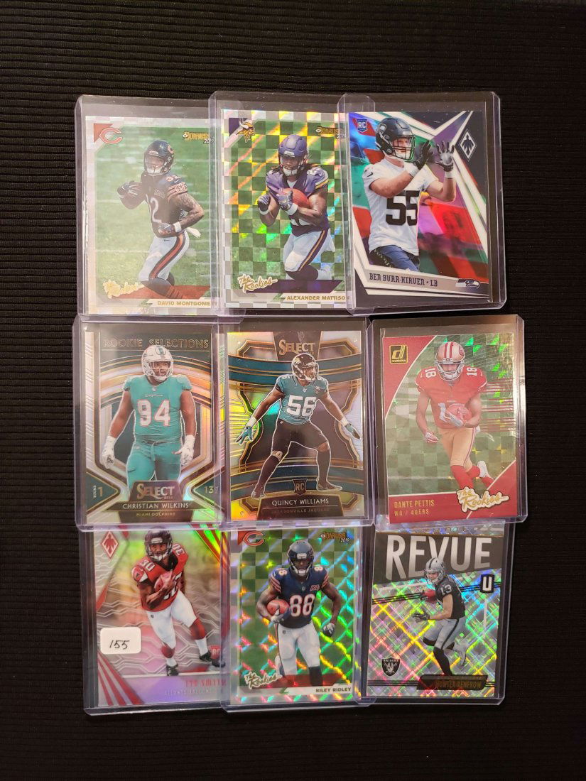 LOT OF 9 ROOKIE INSERTS & SP PARALLELS: RILEY RIDLEY BEARS, HUNTER RENFROW ROOKIE REVIEW, DAVID MONTGOMERY