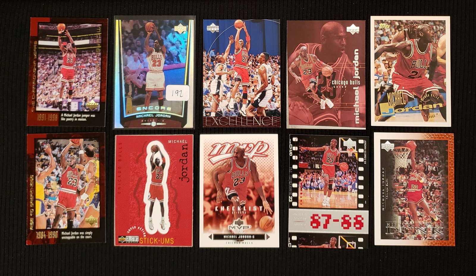 MICHAEL JORDAN CHICAGO BULLS BASKETBALL CARDS: LOT OF 10 DIFFERENT MICHAEL JORDAN CARDS WITH ENCORE, HISTORY OF THE DUNK AND RISE TO GREATNESS INSERTS