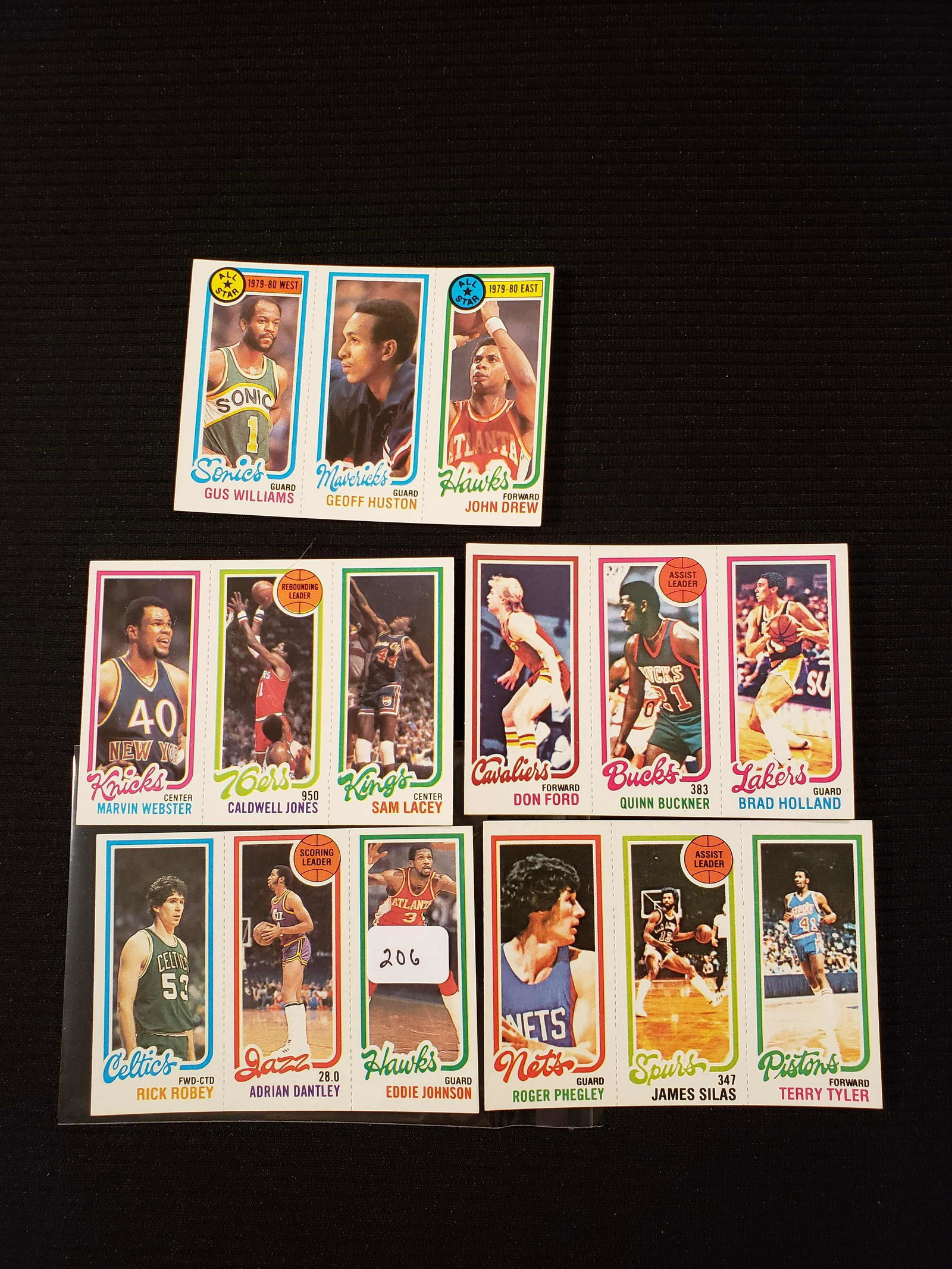 LOT OF (5) 1980-81 TOPPS BASKETBALL PANELS NM+: RICK ROBEY, AIDRIAN DANTLEY, JAMES SILAS, JOHN DREW, QUINN BUCKNER