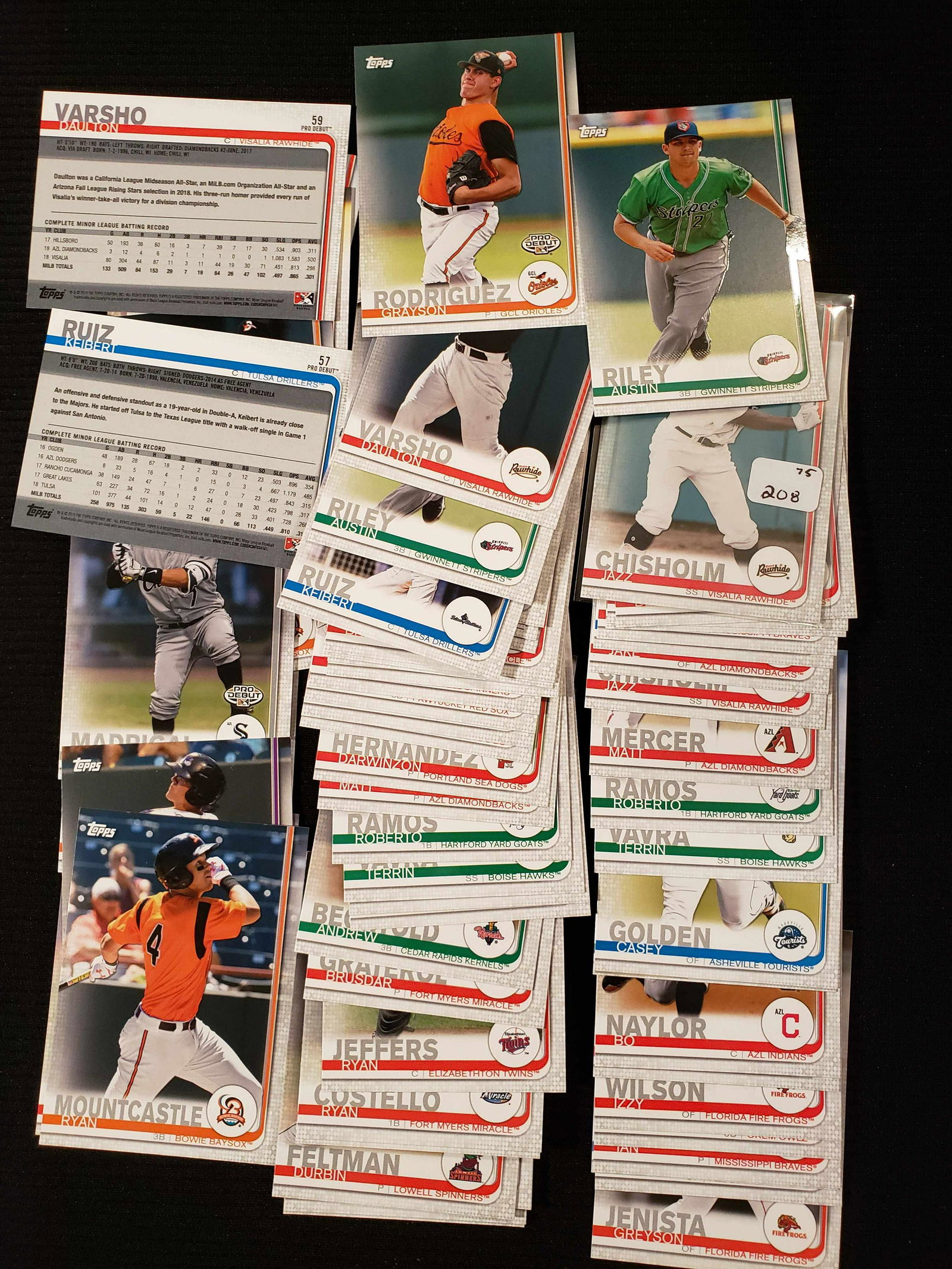 LOT OF 75 TOPPS PRO DEBUT PRE-ROOKIE CARDS: 2019 TOPPS PRO DEBUT PRE ROOKIES MICHAEL CHAVIS, AUSTIN RILEY, BO NAYLOR, TRISTAN CASAS
