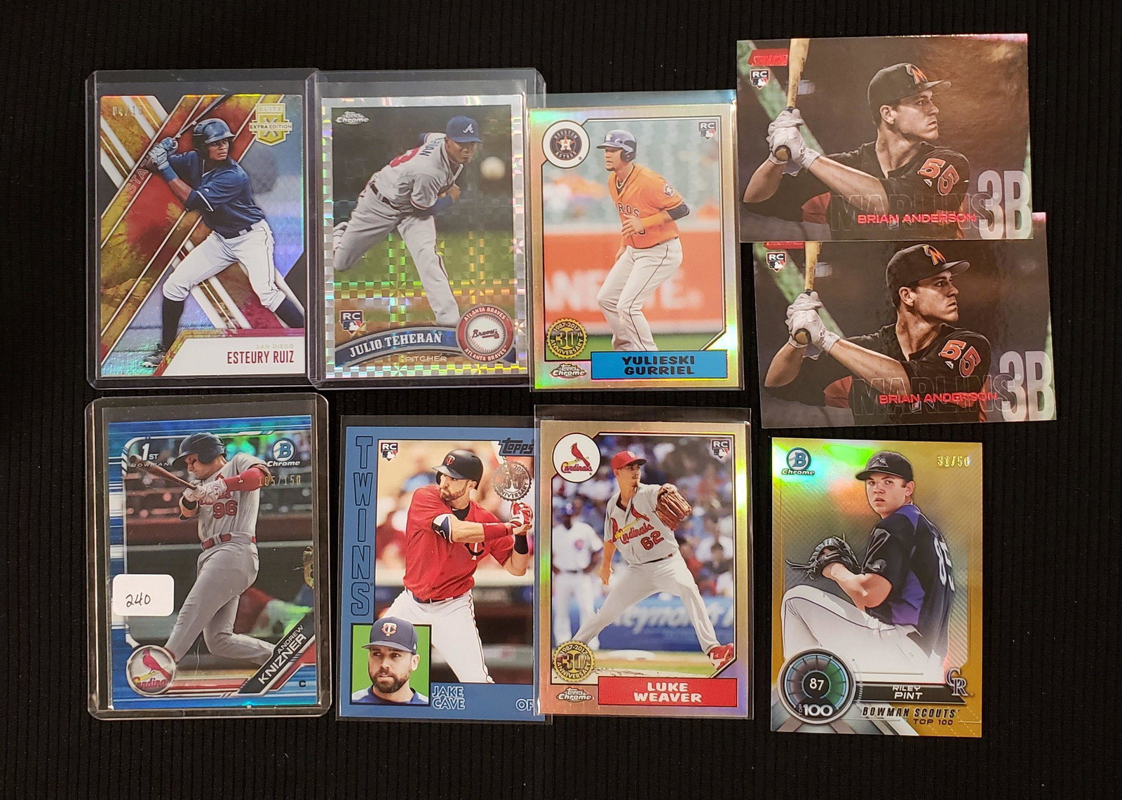 LOT OF SHORT PRINT & NUMBERED ROOKIE CARDS: 2019 1ST BOWMAN CHROME BLUE 105/150 ANDREW KNIZNER, RILEY PINT GOLD 31/50, LUKE WEAVER, BRIAN ANDERSON RED FOIL PARALLEL