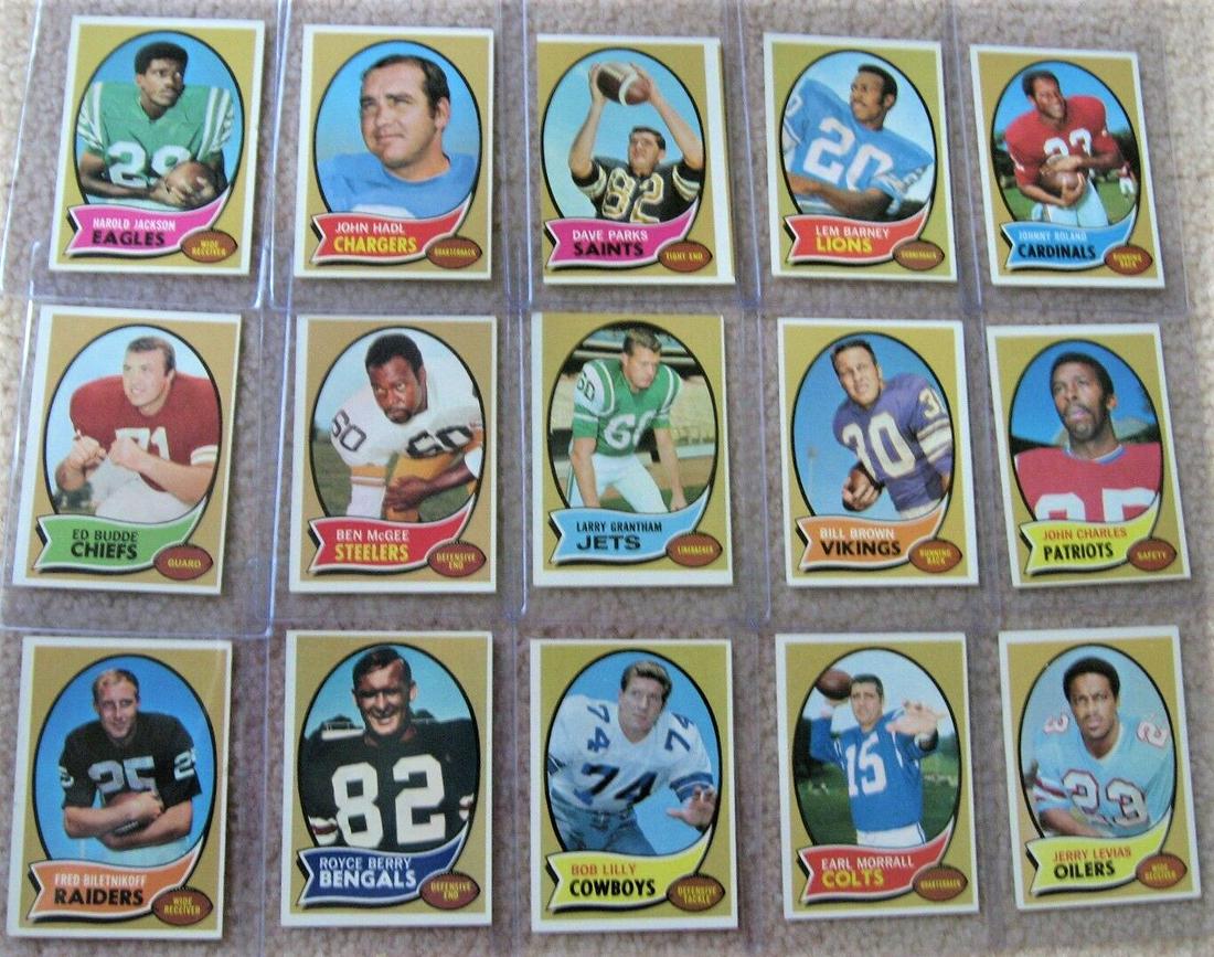 1970 Topps Football Lot of 15 different cards: #73 John Hadl #75 Lem Barney #77 Ed Budde #85 Fred Biletnikoff #87 Bob Lilly #88 Earl Morrall