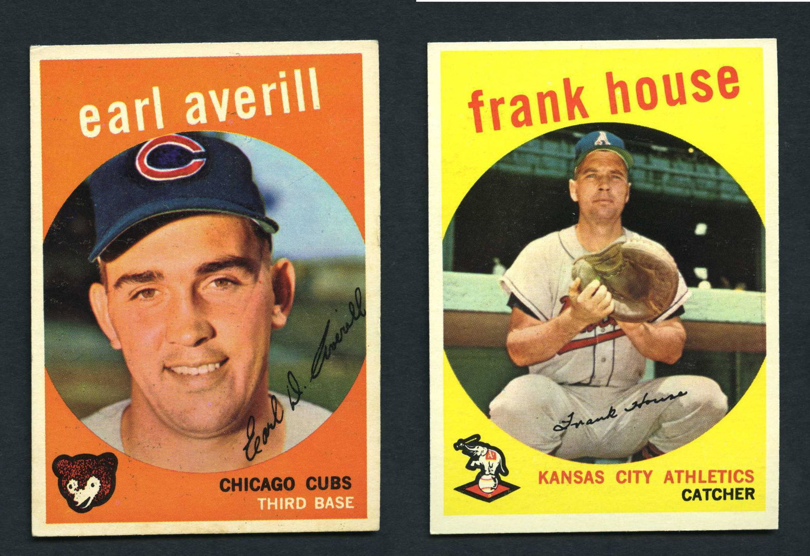 VINTAGE 1959 TOPPS BASEBALL CARDS: 1959 Topps Earl Averill RC Cubs #301, Frank House Athletics #313