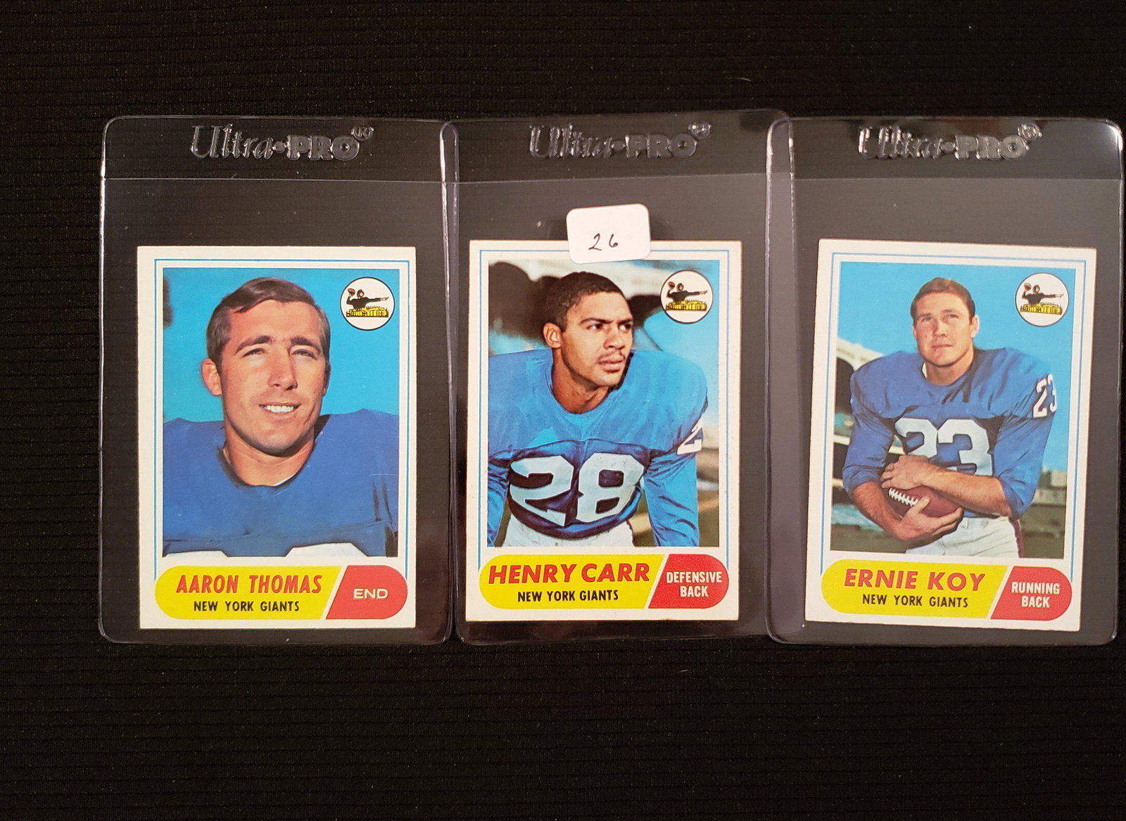 1968 TOPPS FOOTBALL CARDS: NEW YORK GIANTS HENRY CARR, AARON THOMAS, ERNIE KOY