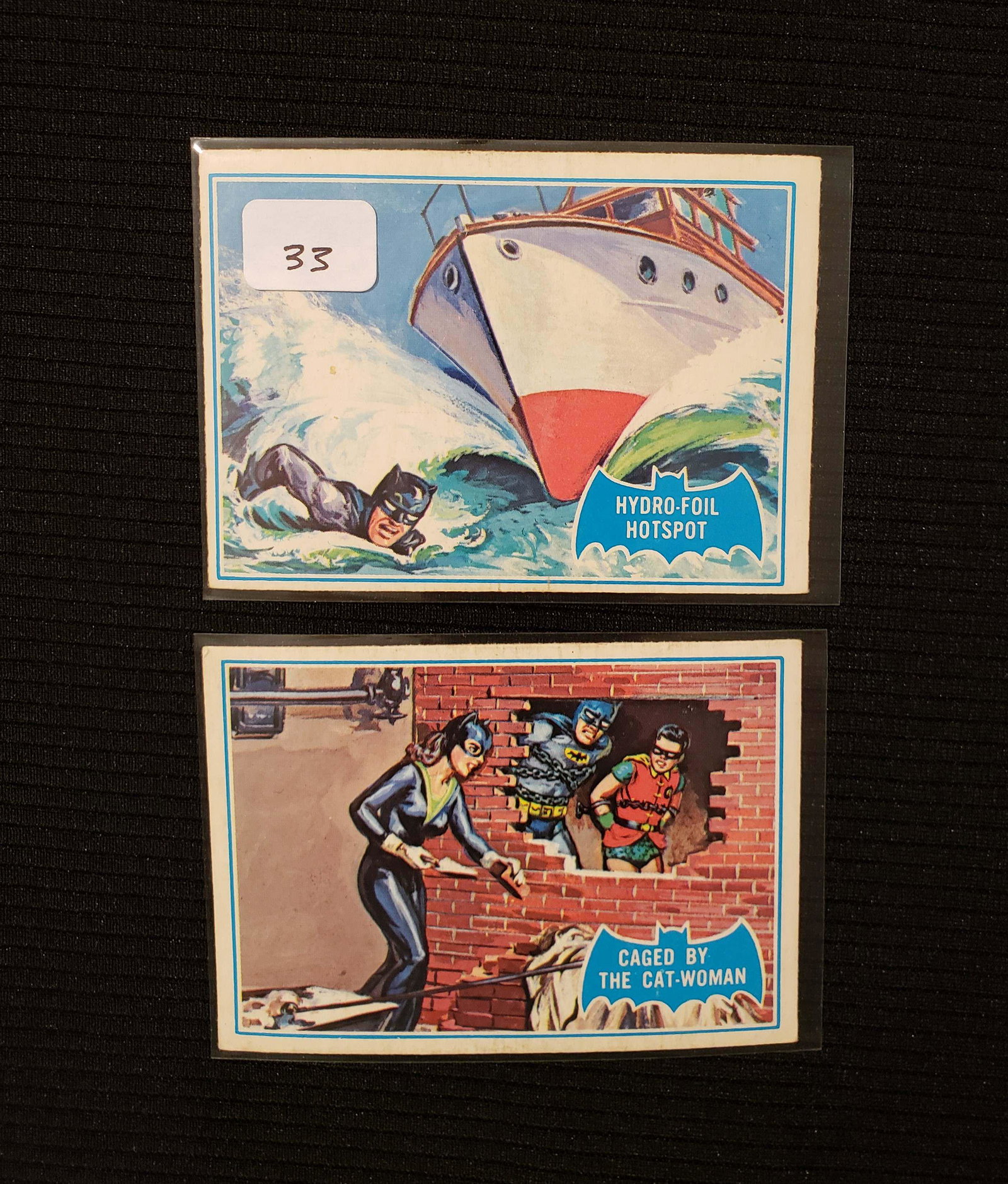 RARE 1966 BATMAN "BLUE BAT" SERIES TRADING CARDS: CARD #2B THE PENGUIN PREVAILS, CARD #3B HYDRO-FOIL HOTSPOT & CAGED BY THE CAT WOMAN CARD #5B. EX+ CONDITION. THE RAREST OF ALL THE 1966 BATMAN CARDS THESE BLUE BAT CARDS ARE Also known as the Batman B