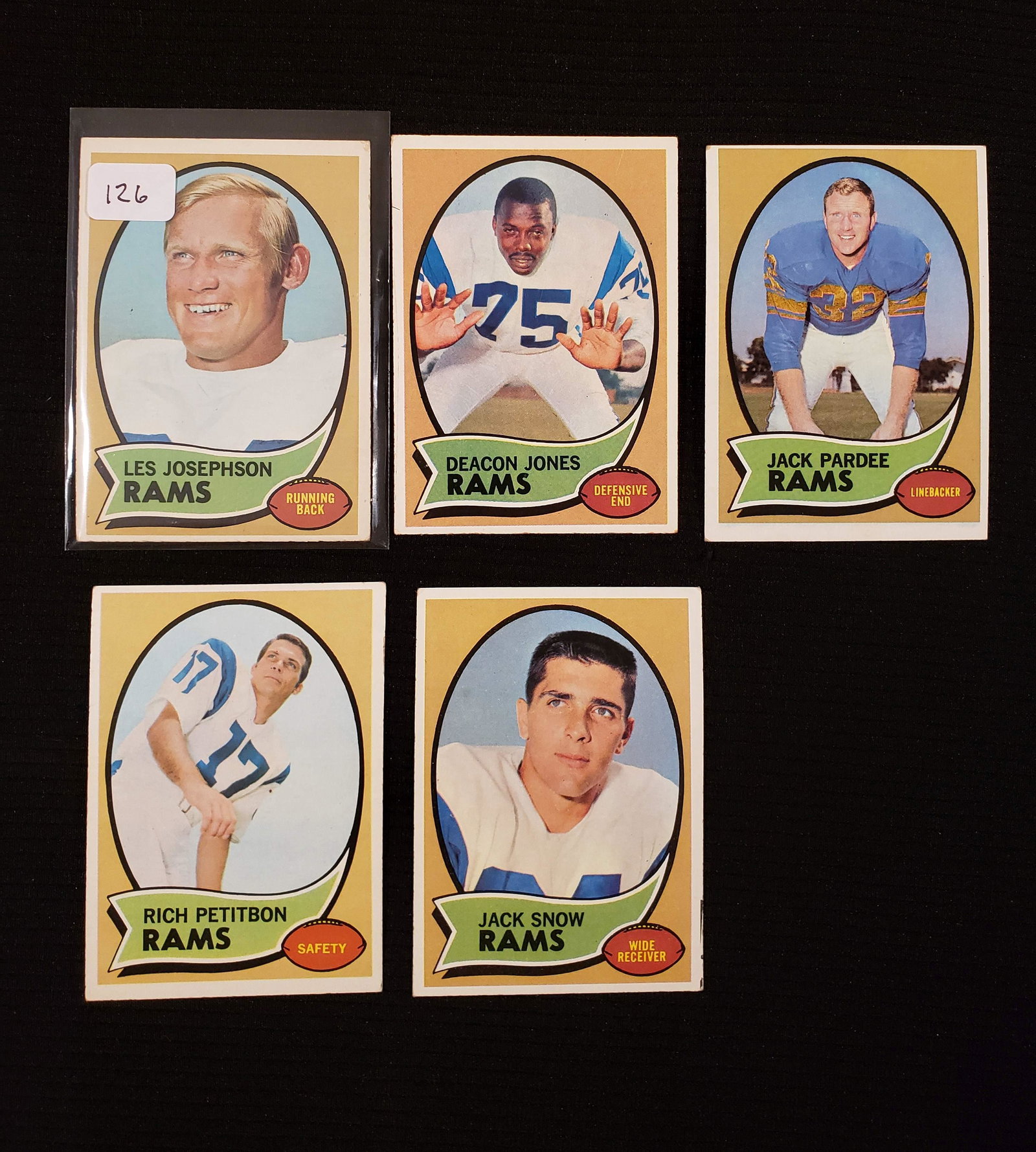 1970 TOPPS FOOTBALL LA RAMS LOT W/ HOFERS: VG AND BETTER LOT OF 5 VINTAGE LA RAMS FOOTBALL CARDS DEACON JONES, JACK PARDEE, JACK SNOW. CONDITION IS VG WITH FEW WORSE MOST BETTER SOME LIGHT CORNER/EDGE WEAR WITH NO CREASES OR SURFACE PROBLEMS