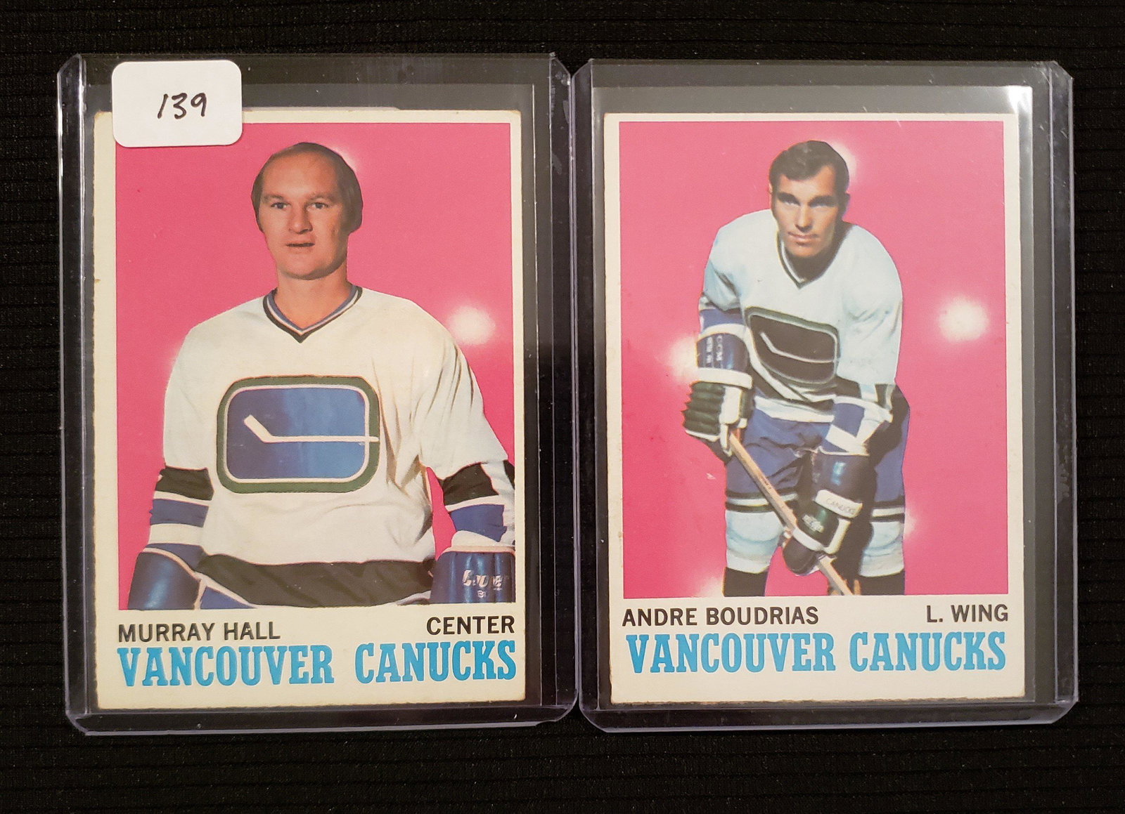 1970 TOPPS HOCKEY CARDS IN EX+/NRMT: MURRAY HALL AND ANDRE BOUDRIAS VANCOUVER CANUCKS
