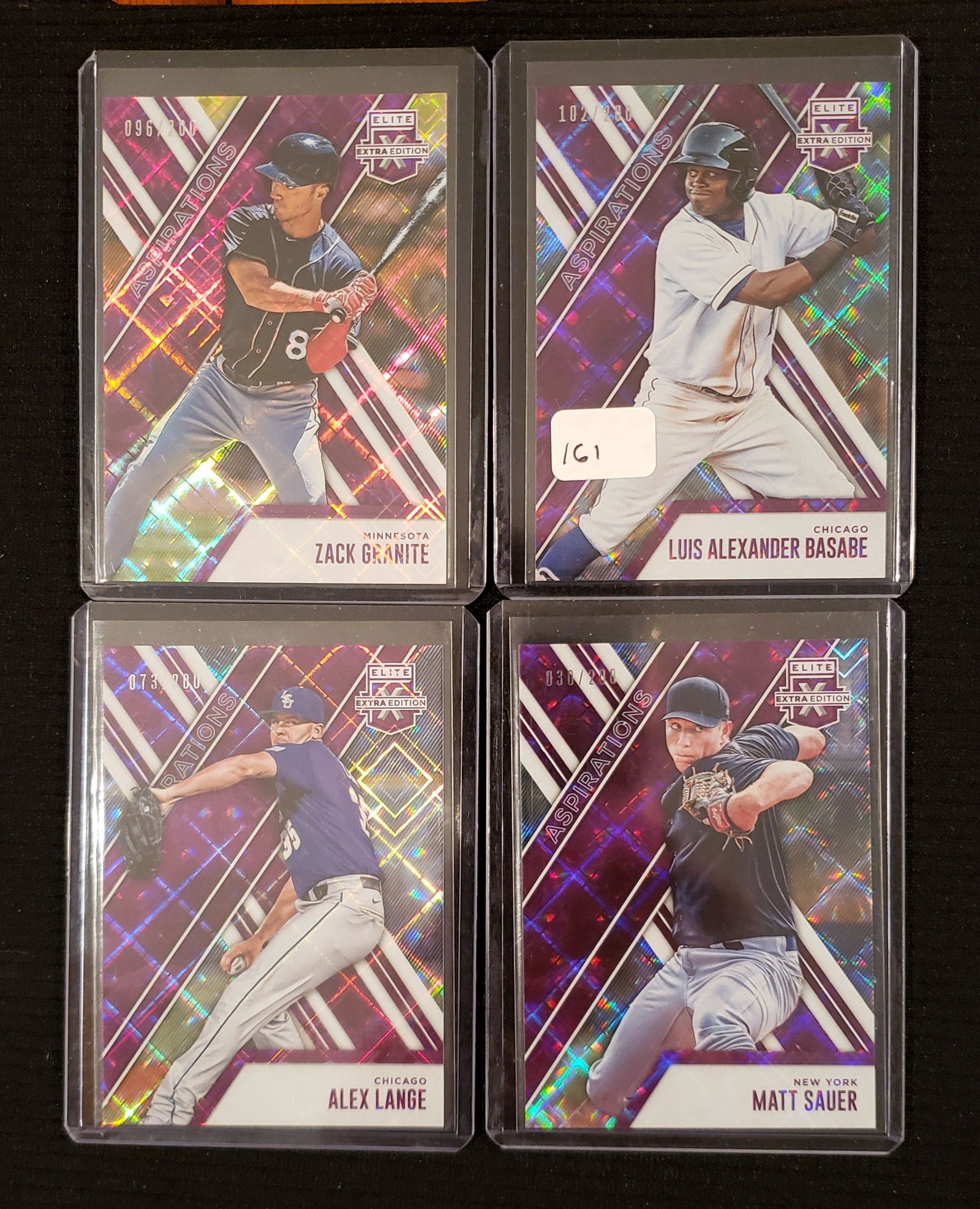 ELITE EXTRA EDITION ASPIRATIONS #'D /200: LOT OF 4 ROOKIE SHORT PRINTS NUMBERED TO 200, LUIS BASABE 102/200, ZACK GRANITE 096/200, MATT SAUER 030/200, ALEX LANGE 073/200