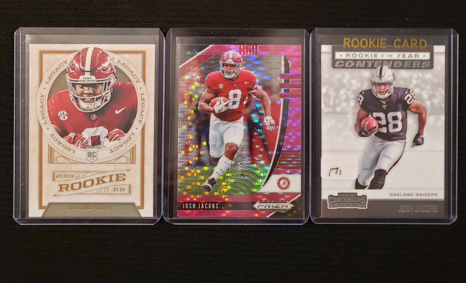 JOSH JACOBS OAKLAND RAIDERS ROOKIE AND PRIZM LOT: 2020 PRIZM DRAFT PICKS PINK PULSAR WITH 2 PANINI CONTENDERS AND LEGACY ROOKIE CARDS