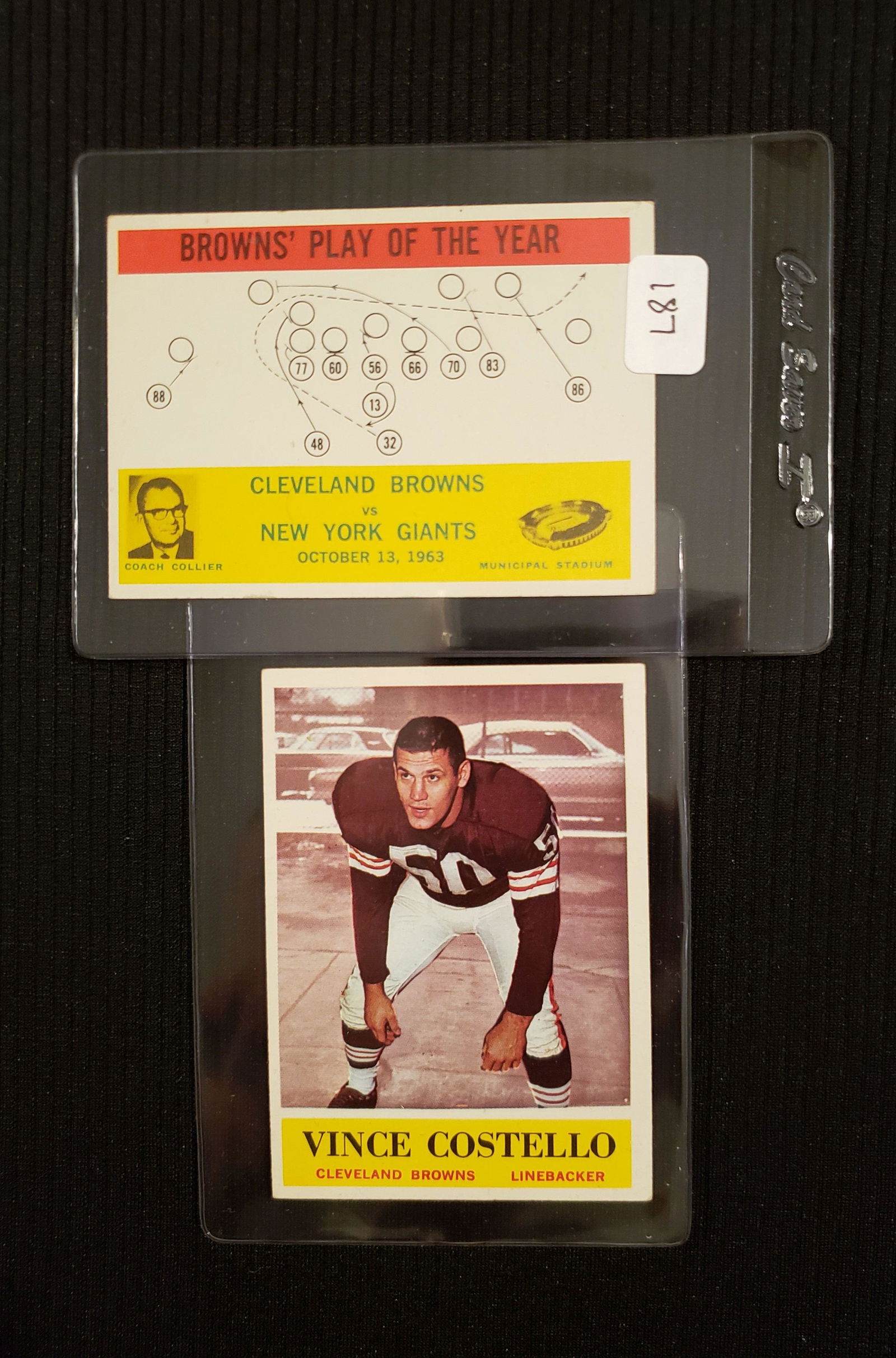 LOT OF 2 1964 PHILADELPHIA GUM FOOTBALL CARDS: CLEVELAND BROWNS PLAY OF THE YEAR COACH COLLIER TEAM CARD #42 & VINCE COSTELLO #32